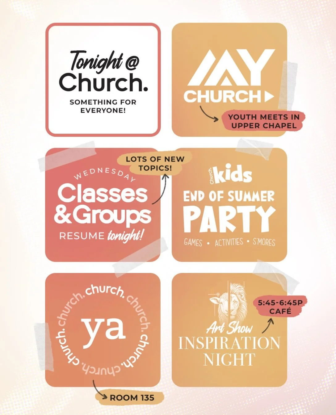It may feel like summer outside, but Fall is kicking off at Church. TONIGHT!!

So many things going on, and you won&rsquo;t want to miss one second of it. There&rsquo;s something for everyone.

#church #fall #youth #kids #youngadult