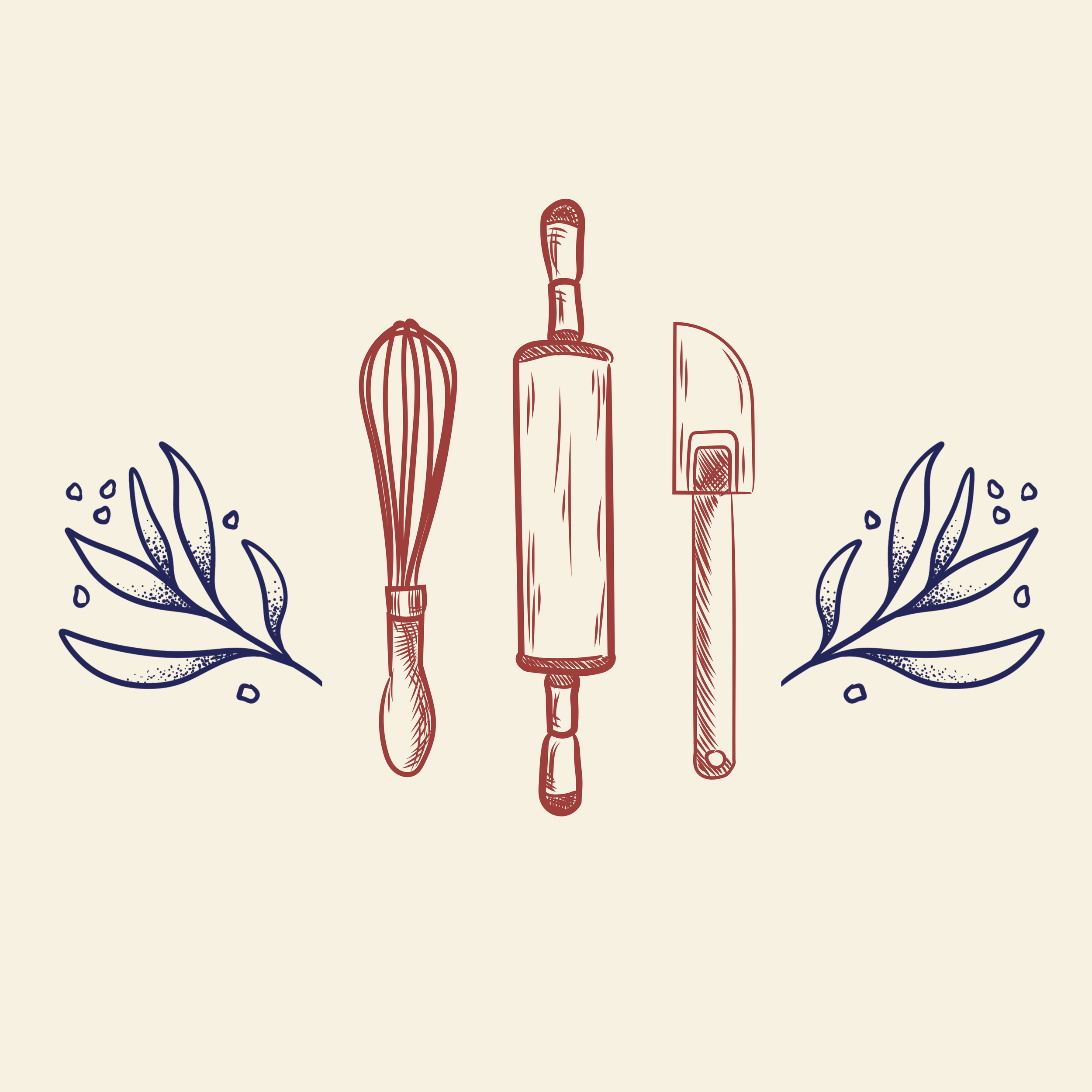 Sketch of a whisk, rolling pin, and spatula with decorative leaves on each side.