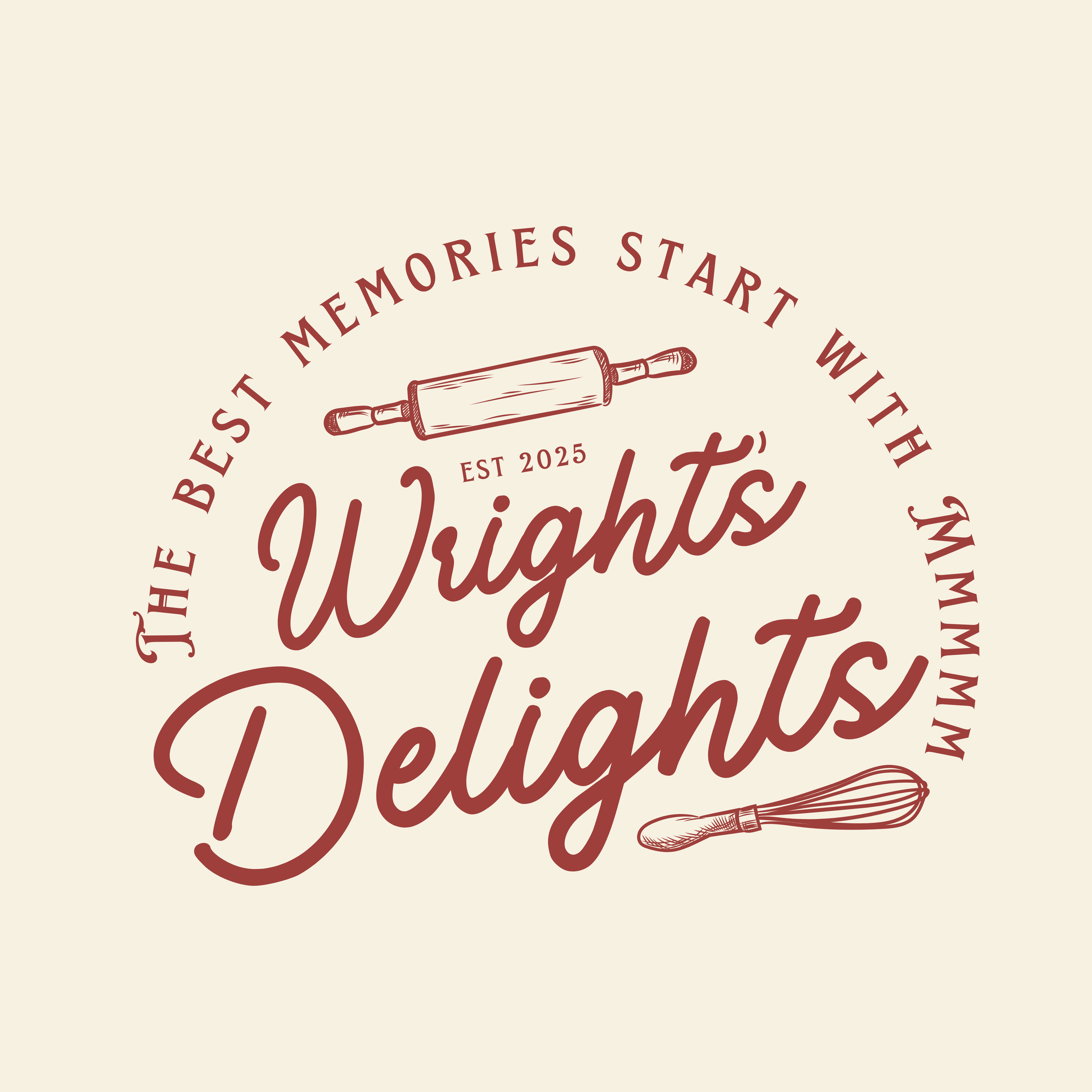Retro-style logo with the text 'Wrights' and 'Delights' in large cursive, and the slogan 'The best memories start with immm,' featuring a rolling pin and a whisk.
