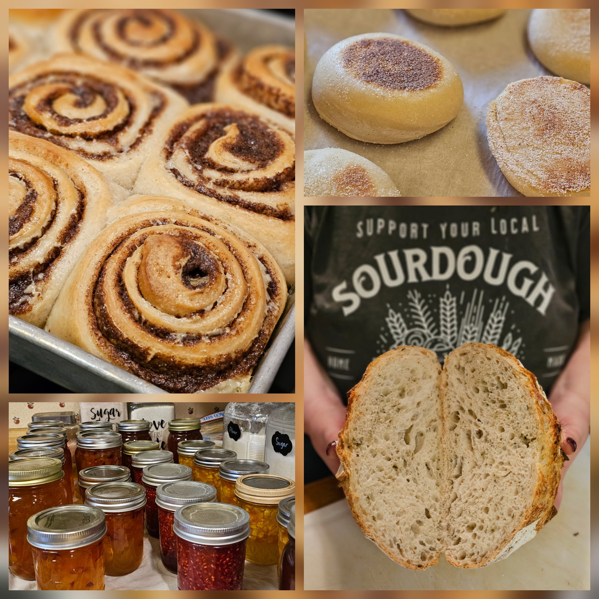 Collage of baked goods and homemade jams: cinnamon rolls in a baking tray, sugar cookies on parchment paper, a sliced bread loaf held by a person wearing a Sourdough bag, and jars of various fruit jams.