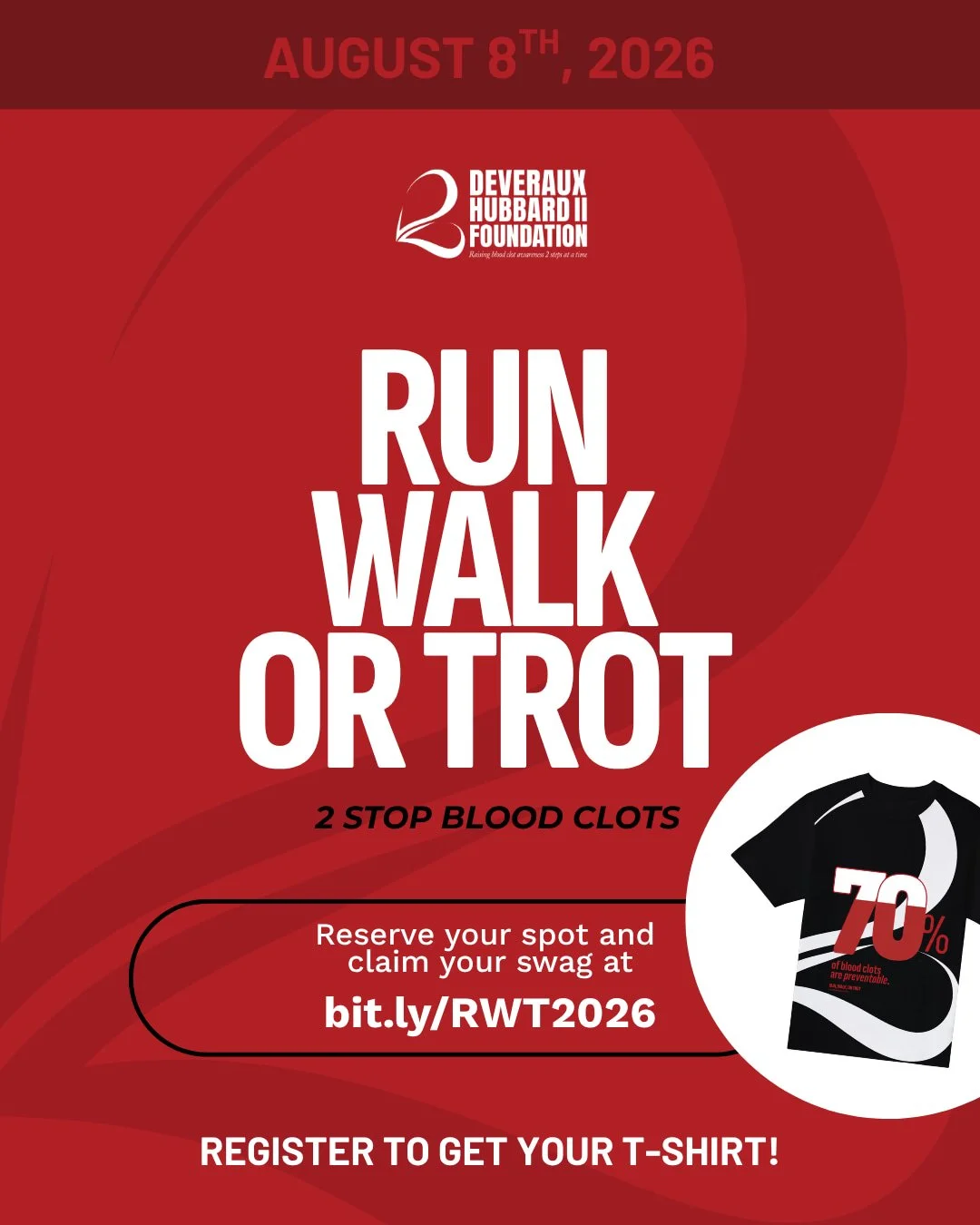 We're just weeks away from race day! Our annual Run, Walk, or Trot 2 Stop Blood Clots takes place right here in Peoria starting at the BCDI parking lot and running alongside the Rock Island Trail. 

👟 Reserve your spot and claim your t-shirt by regi