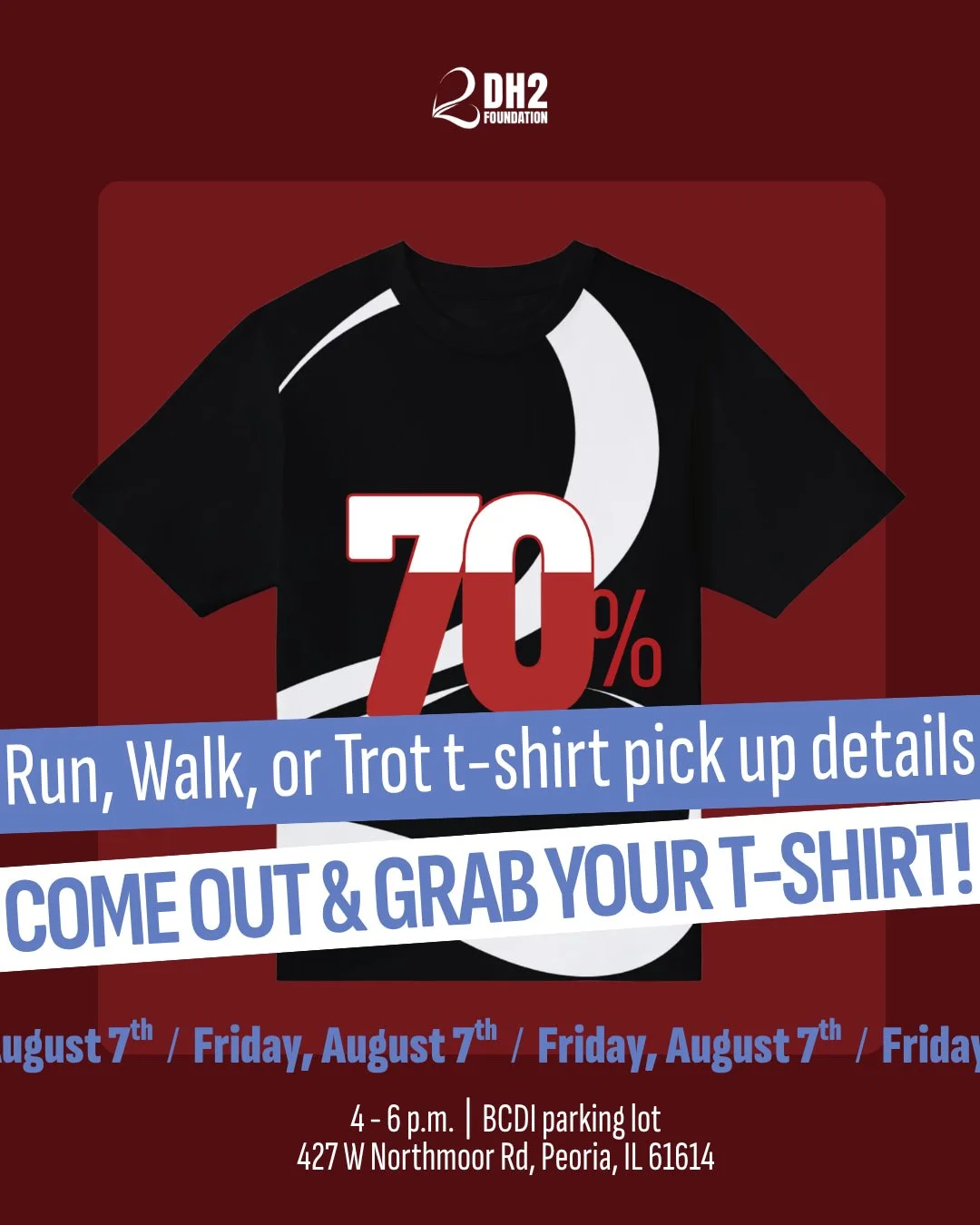 Reminder! T-shirt pick up is tomorrow, August 7th from 4-6 PM at the BCDI parking lot. Race day is this weekend. Lace up! We can't wait to see you 👟

🔗 bit.ly/RWT2026 for more details + to sign up

#BloodClotPrevention #Peoria5K
