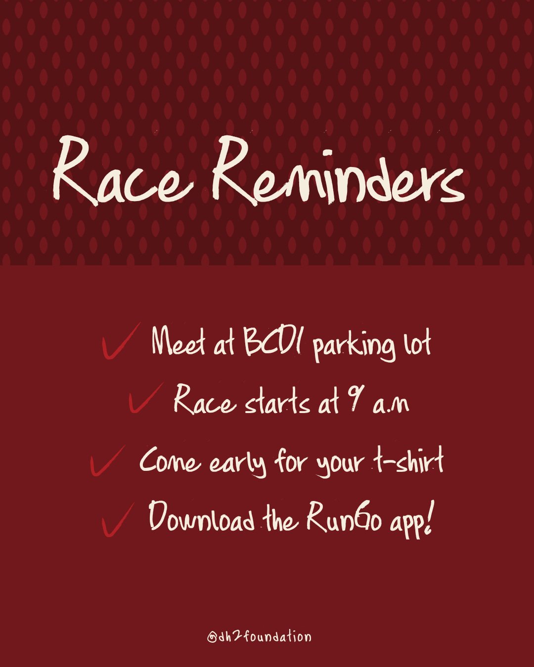 Tomorrow is the big day! Here are a couple of last minute reminders ahead of our 2026 Run, Walk, or Trot 2 Stop Blood Clots 🩸❤️&zwj;🩹

✔️ Meet at BCDI parking lot 
✔️ Race starts at 9 a.m. so come early!
✔️ Come extra early if you need your t-shirt
