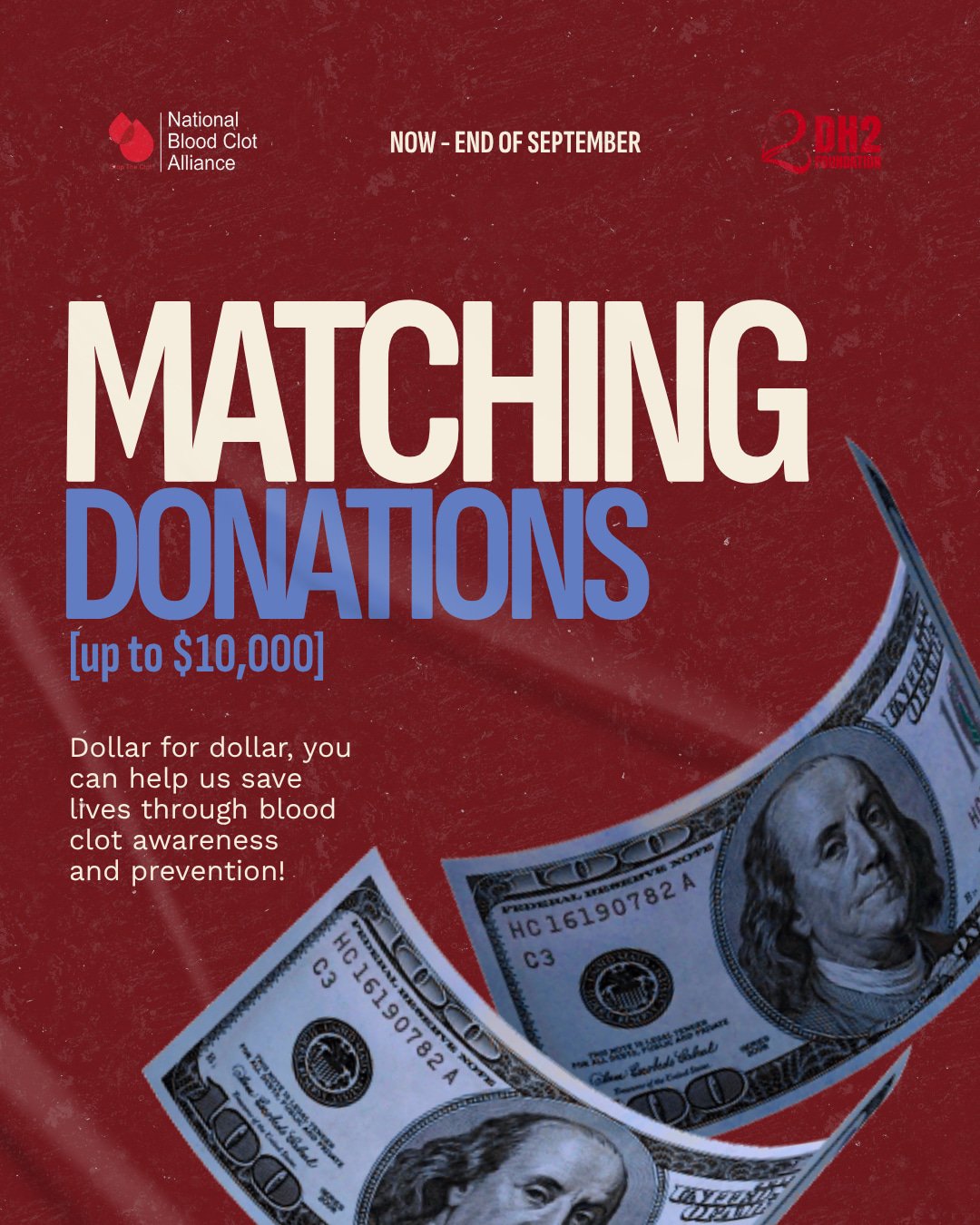 We are incredibly excited to announce we are matching donations to the National Blood Clot Alliance from now until the end of September up to $10,000. @stoptheclot has been an immense support for the DH2 Foundation. Together we can continue on our mi