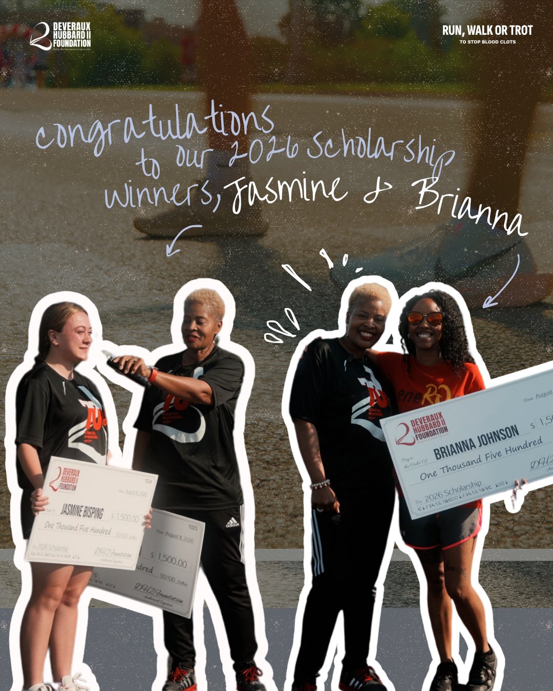 Every year during the Run, Walk, or Trot 2 Stop Blood Clots our foundation awards 2 Richwoods High School students the DH2 Foundation Scholarship.

❤️ The family of Deveraux R. Hubbard II created this Memorial Scholarship to honor his memory. Deverau