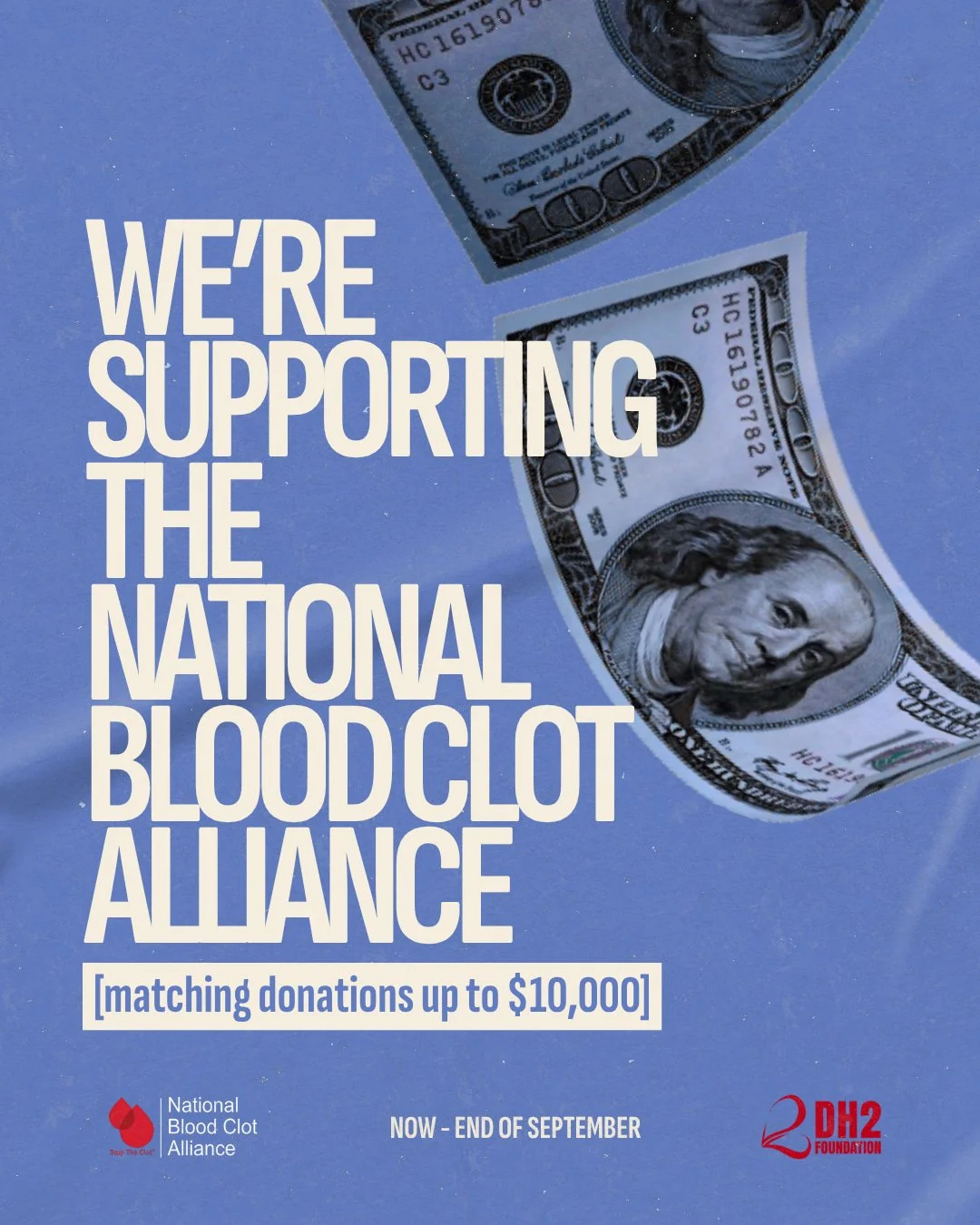 ❗ One month left! Spread the word! Help us save lives! 🗣️ 

We are matching donations to the National Blood Clot Alliance from now until the end of September up to $10,000. @stoptheclot has been an immense support for the DH2 Foundation. Together we