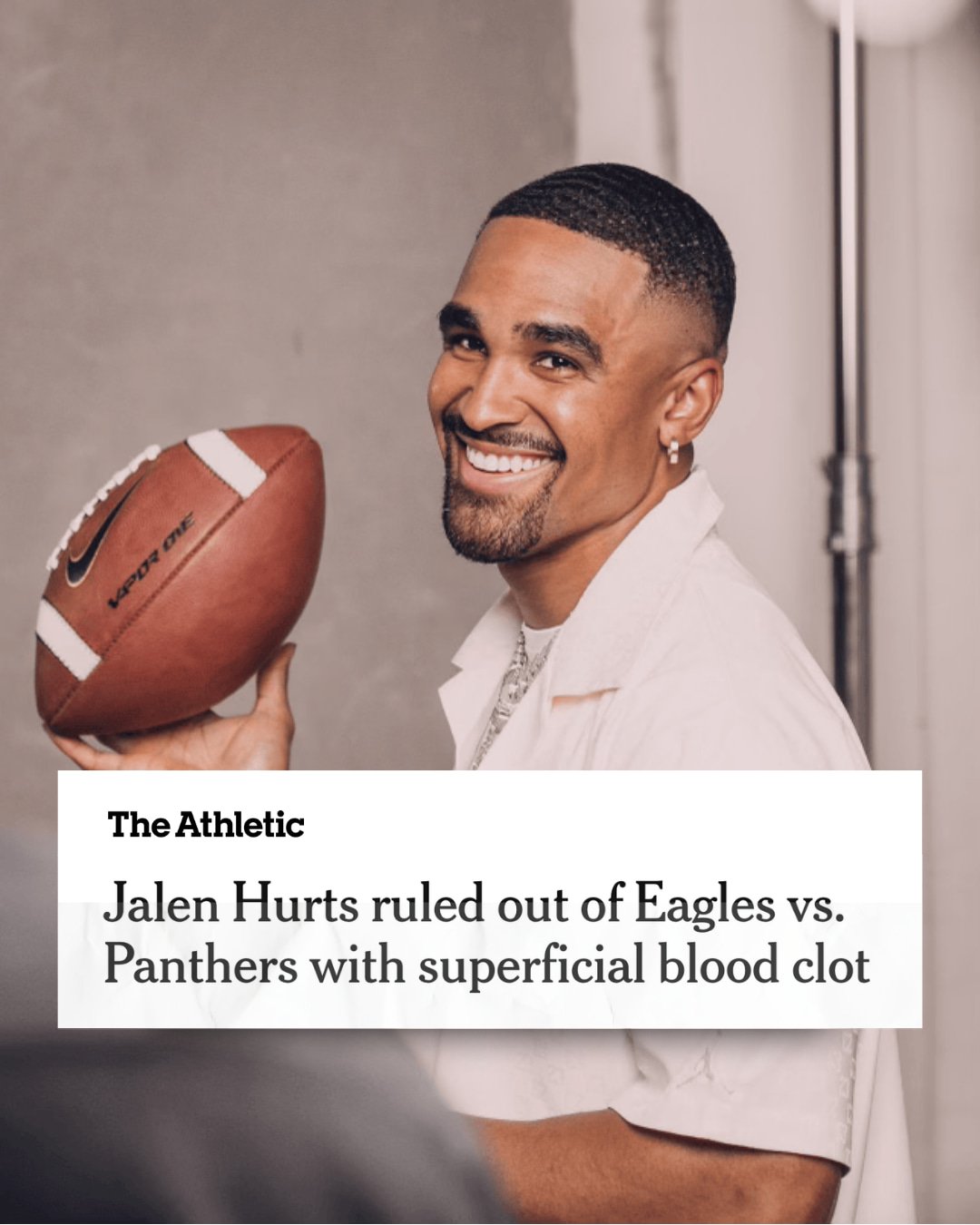 NFL star Jalen Hurts won't be playing in the upcoming Eagles v. Panthers game this Sunday due to a blood clot. A professional athlete combatting a blood clot is a reminder that your level of fitness does not disqualify you from a clot! 

Everyone is 
