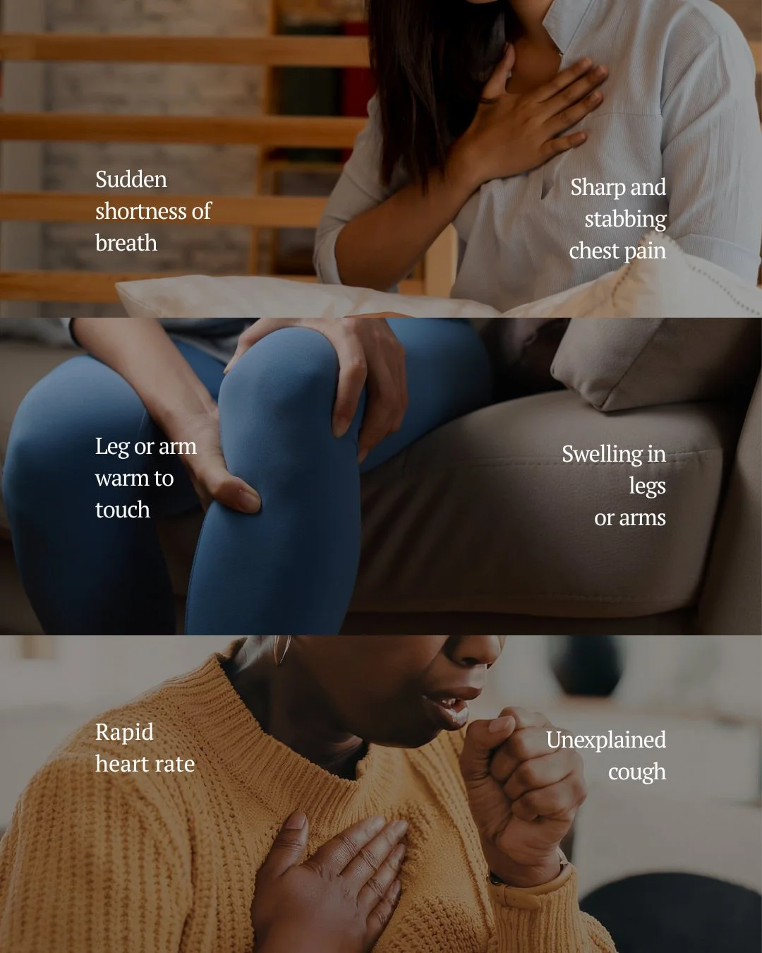 The signs and symptoms of a blood clot are often brushed off as other ailments.

🫁 An unexplained cough you still think might be a cold coming on
🫀 A rapid heart rate you're blaming on anxiety 
🩹 Chest pain you're calling "indigestion" 
