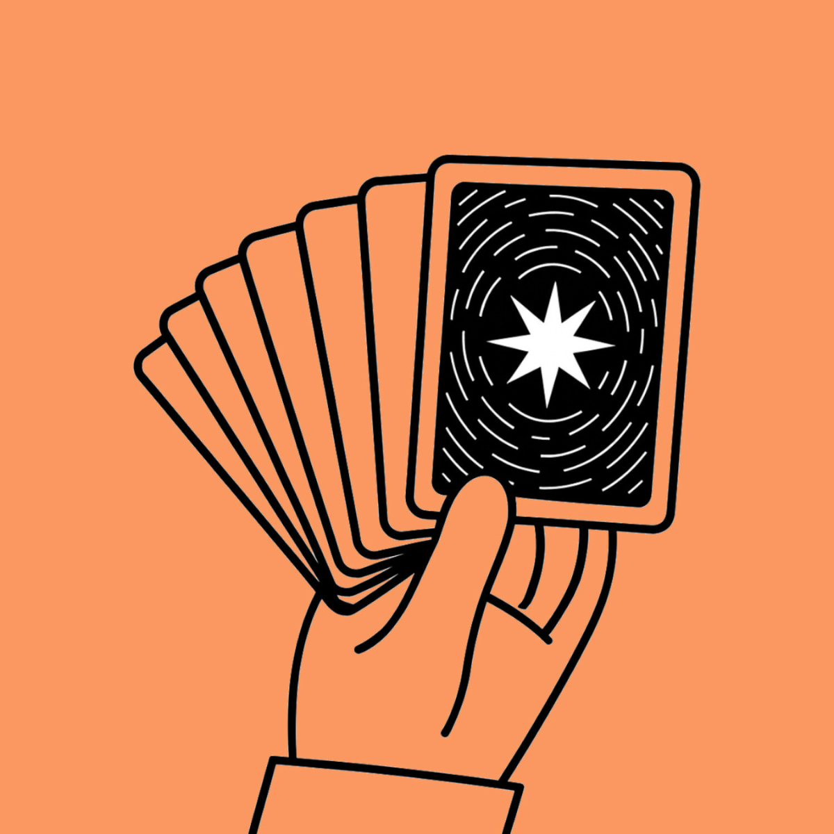 A hand holding a fan of seven tarot-style cards with black backs and a white starburst design in the center on a light blue background.