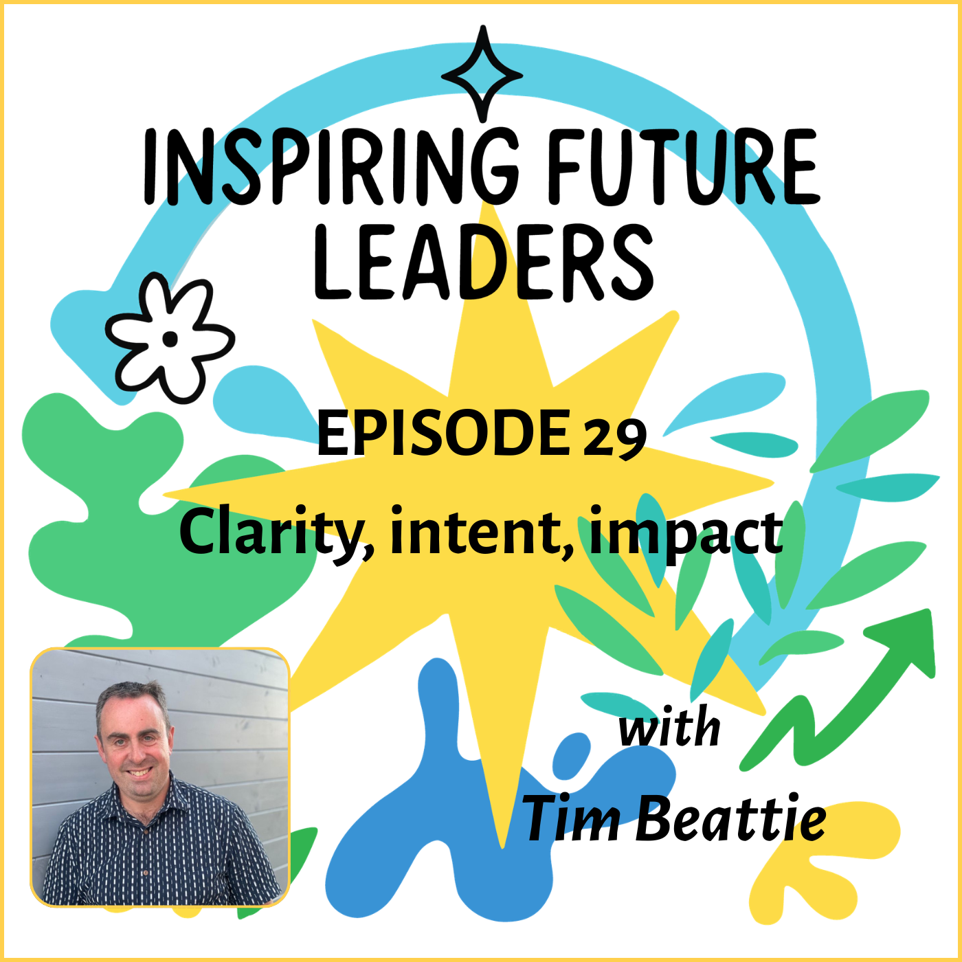 Title card for a podcast episode titled "Inspiring Future Leaders Episode 29" with a subtitle "Clarity, intent, impact" and featuring host Tim Beattie. The background has abstract colorful shapes and patterns, with a small photo of Tim Beattie at the bottom left corner.