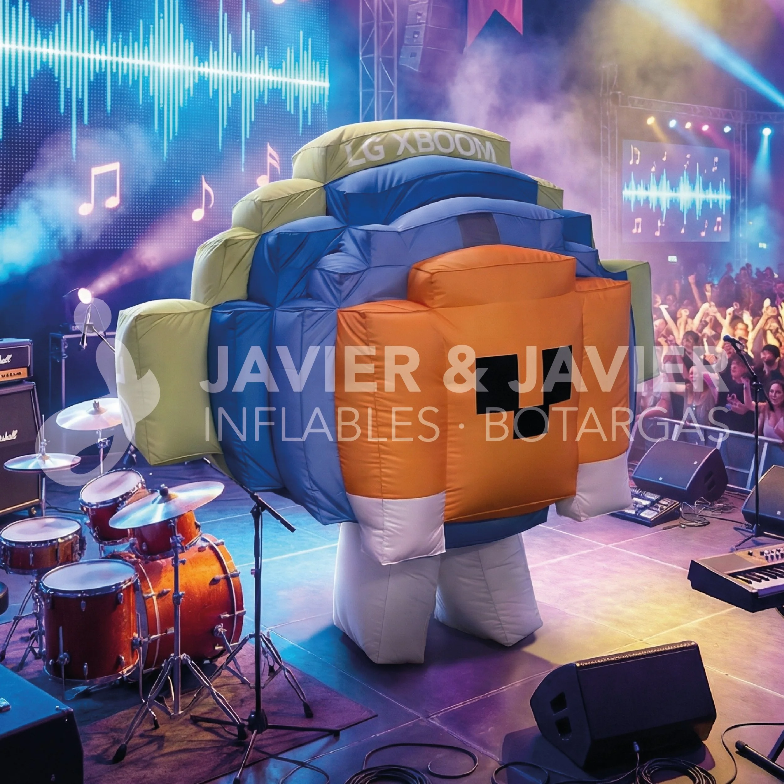 Muñeco inflable de un videojuego en un escenario de concierto. 