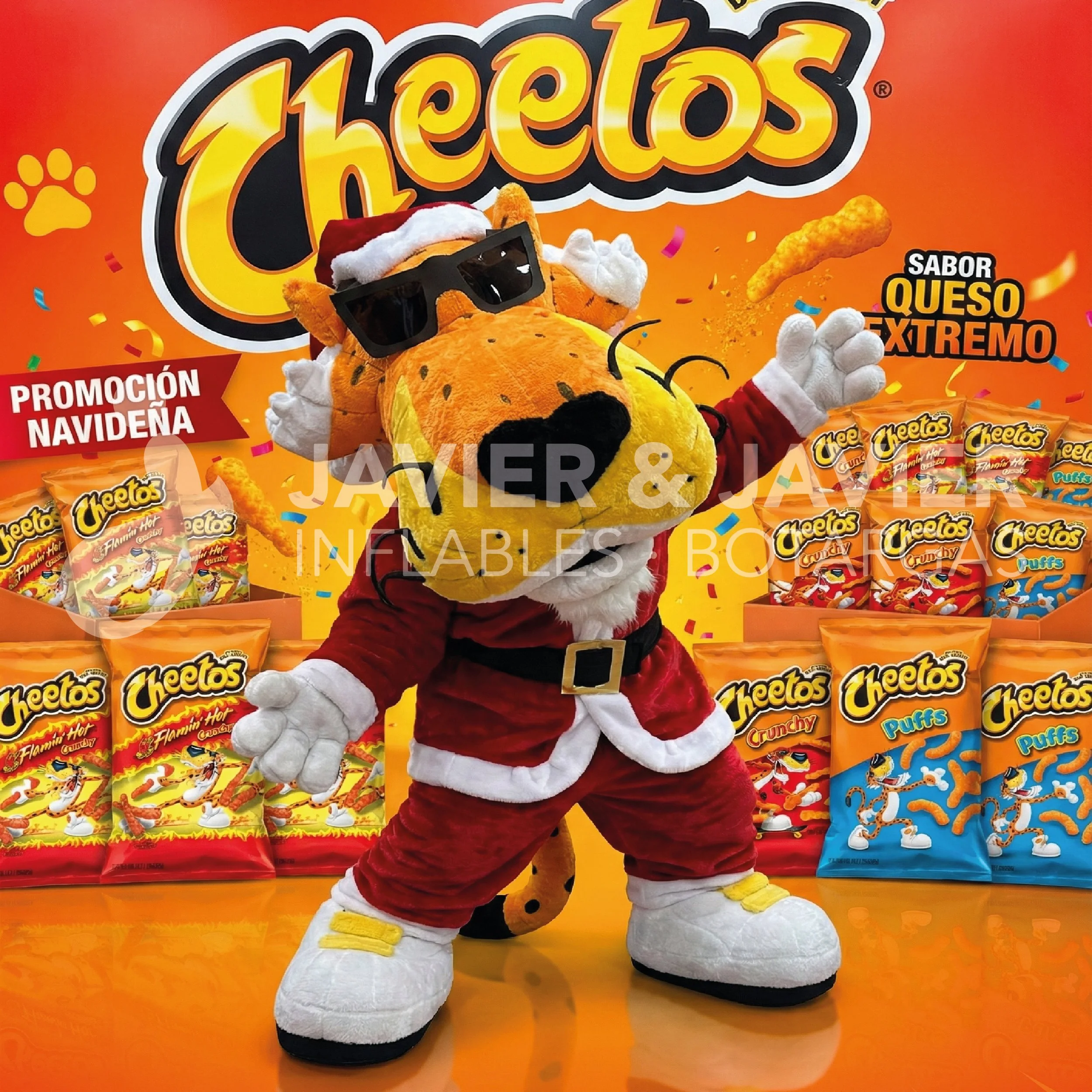 Personaje de peluche de Cheetos vestido de Santa Claus con gafas de sol, rodeado de bolsas de Cheetos en un fondo naranja con anuncios de promoción navideña y sabor de queso extremo.