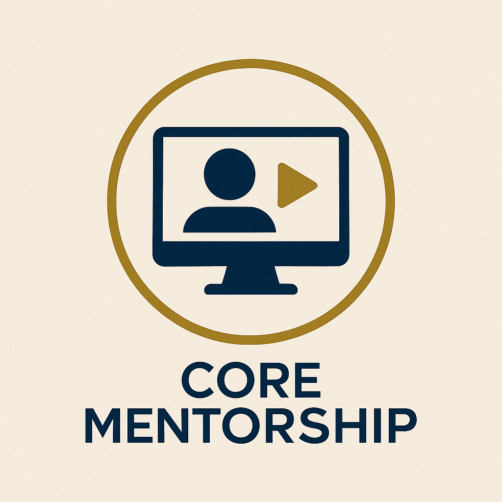 Logo with a computer monitor displaying a person silhouette and a play button, surrounded by a gold circle. Below, the text reads 'CORE MENTORSHIP'.