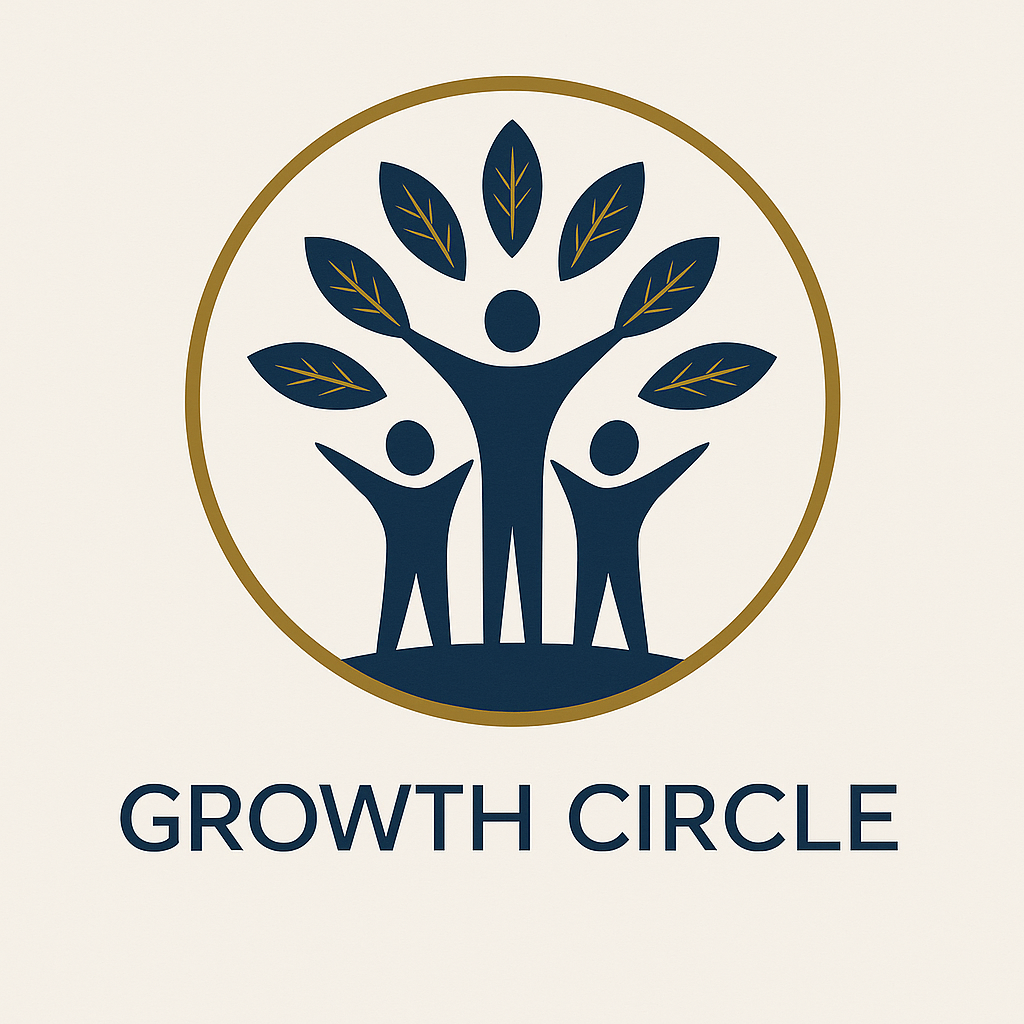 Logo for Growth Circle featuring a stylized tree with three human figures and seven leaves inside a gold circle with the text 'Growth Circle' below.