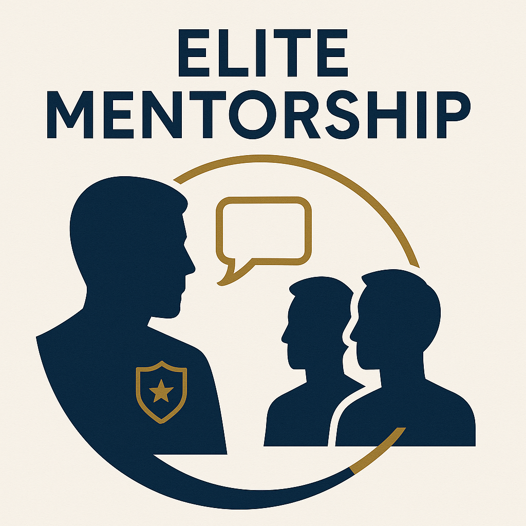 Graphic illustrating elite mentorship with three silhouettes and a speech bubble, featuring a badge with a star on one figure, all enclosed within a partial circle.