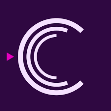 Stylized purple circular logo with a small purple arrow pointing left on a dark purple background.