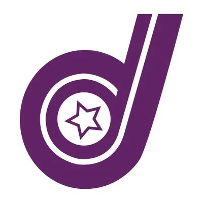 Purple abstract logo with a stylized letter 'd' and a star inside a circular design.