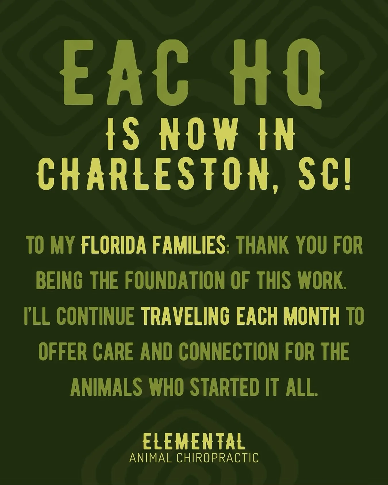 I followed my heart to Charleston, SC to open a &ldquo;2 legged, people practice&rdquo; 💚 Don&rsquo;t miss me too much, cause I&rsquo;ll be back in Florida once a month to care for your animals! 

Thank you for helping EAC grow, stretch, and evolve-
