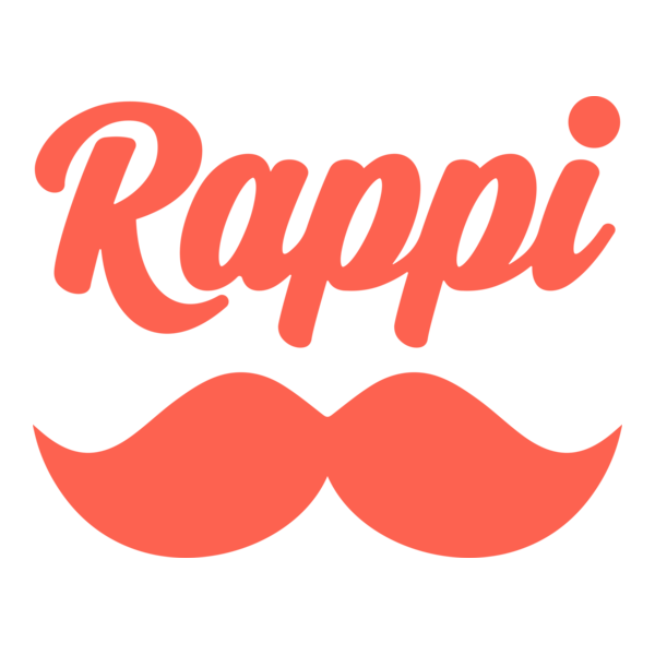 Logotipo con la palabra 'Rappi' y un bigote en color coral.