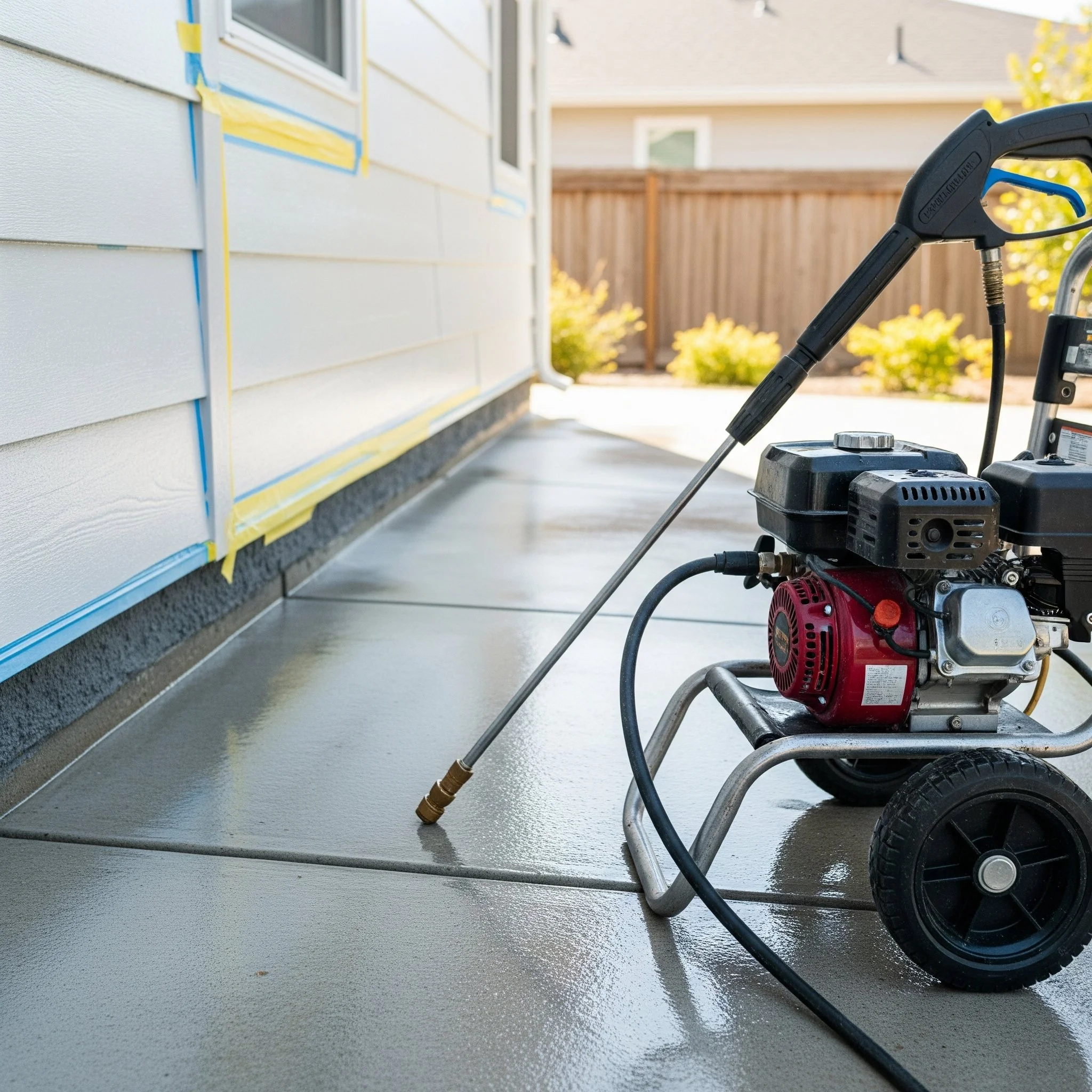 Pressure washer cleaning a concrete patio next to a house with vinyl siding and a wooden fence in the background.