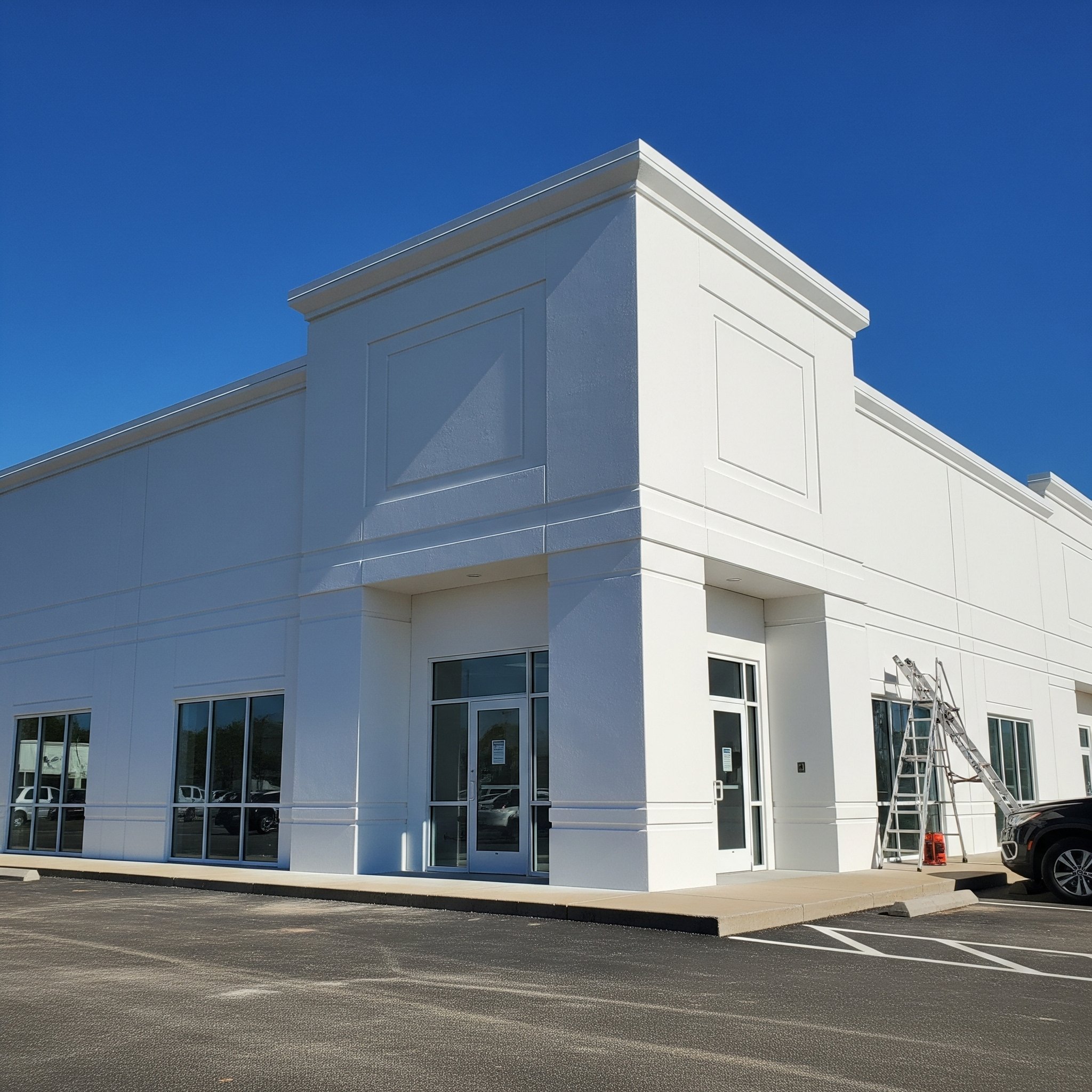 New white commercial building with large windows and a parking lot in front, under a clear blue sky.