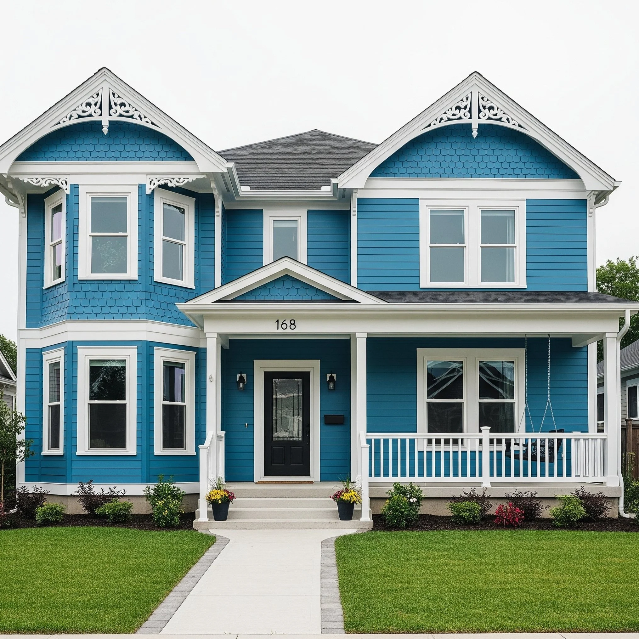 A two-story blue house with white trim and a front porch, adorned with potted plants and a swing, set on a green lawn.