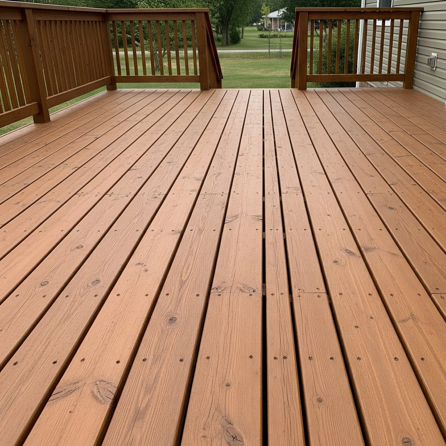 Clean wooden deck with railing, backyard lawn, trees, and neighboring houses in the distance.