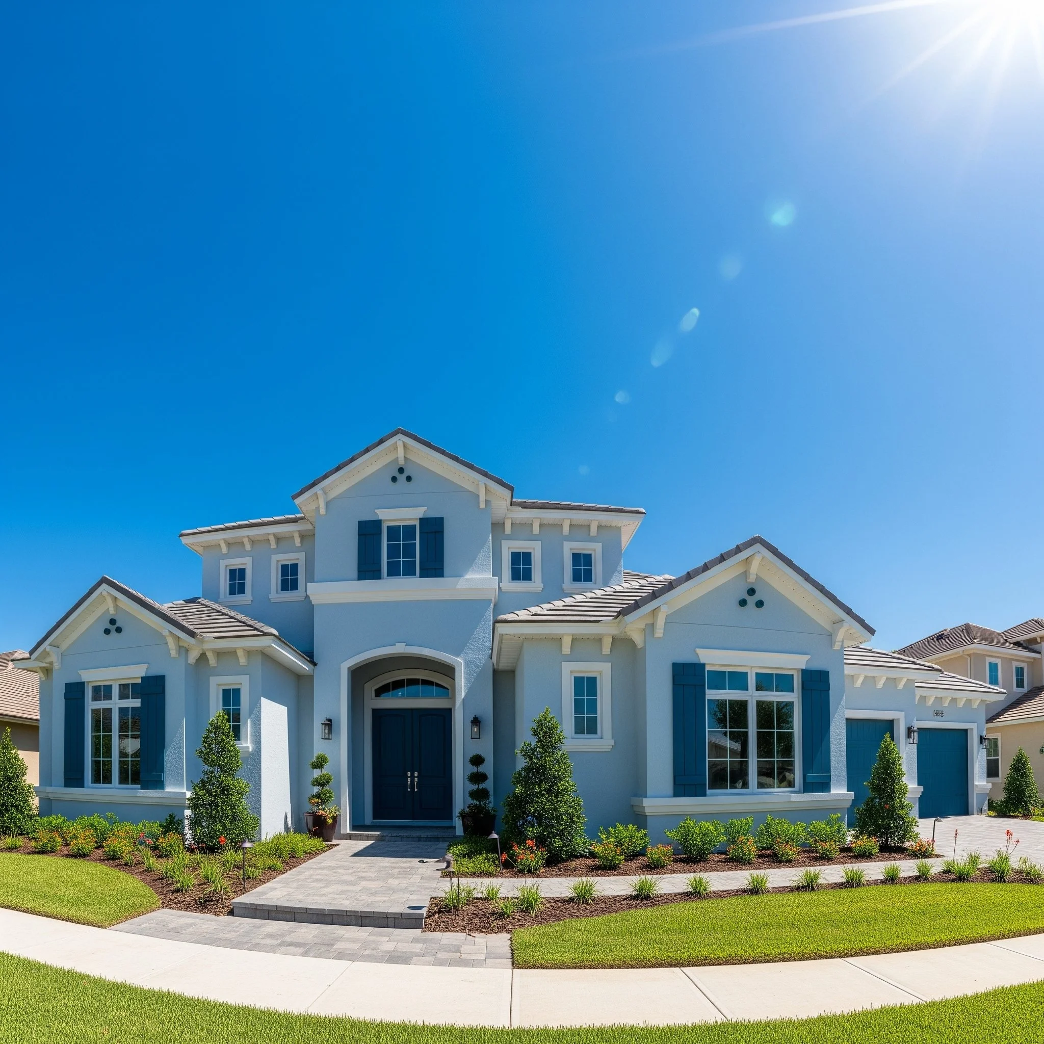 A modern two-story house painted in light blue with dark blue shutters and a spacious front yard with manicured lawn and small trees, under a clear blue sky with the sun shining brightly.