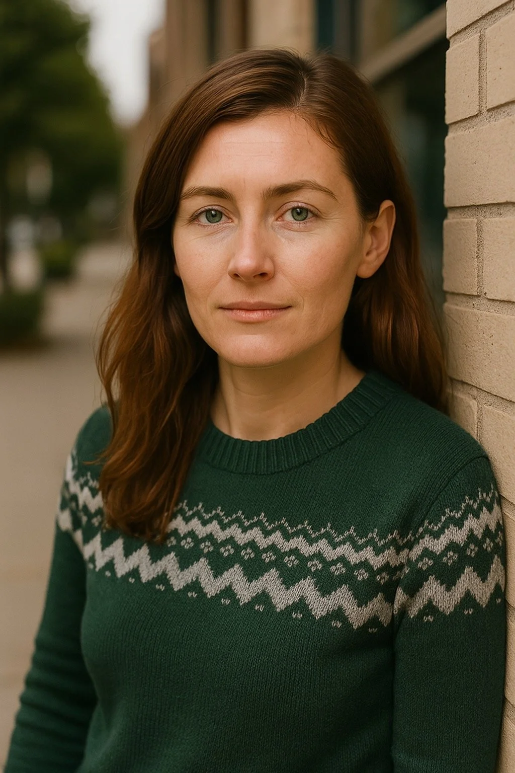 Professional woman with brunette hair wearing a navy blazer and white shirt against gray background.