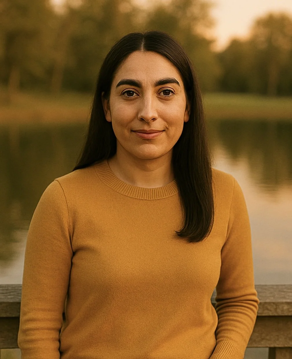 A woman with long dark hair wearing a mustard yellow sweater, standing outdoors by a lake during sunset, with trees in the background.