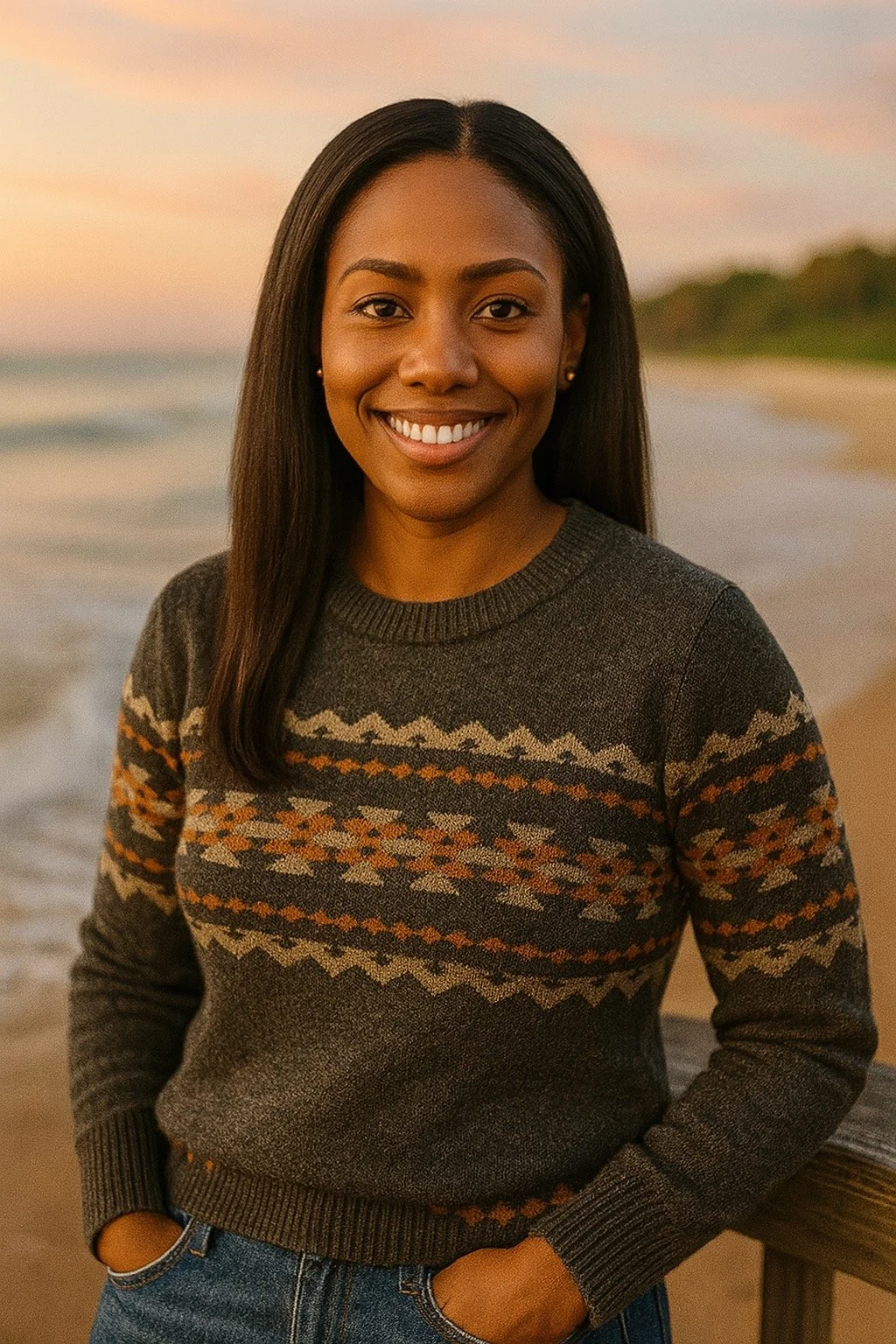 A smiling woman in a classroom with a chalkboard in the background, wearing a white button-up shirt.