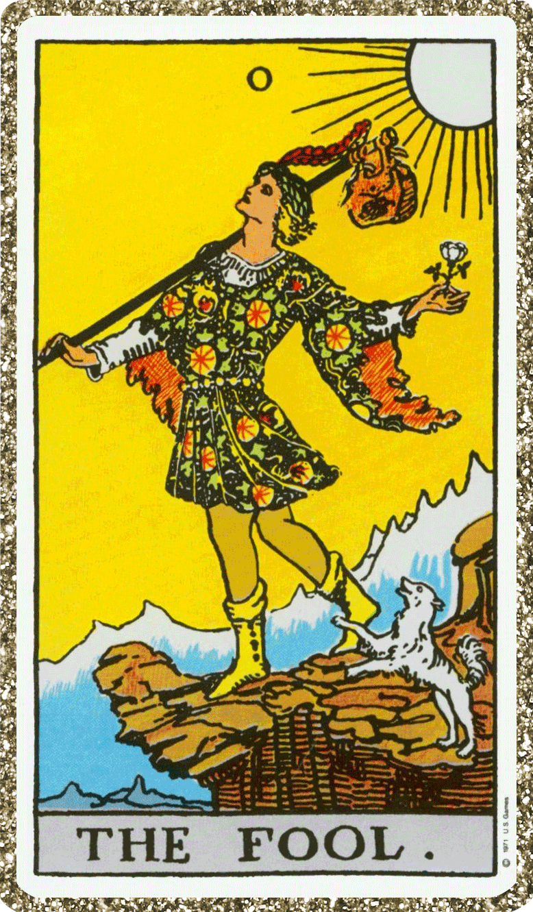 The Fool tarot card showing a young man walking off a cliff with a small dog, holding a staff with a bundle, wearing colorful clothing, with the sun shining above.