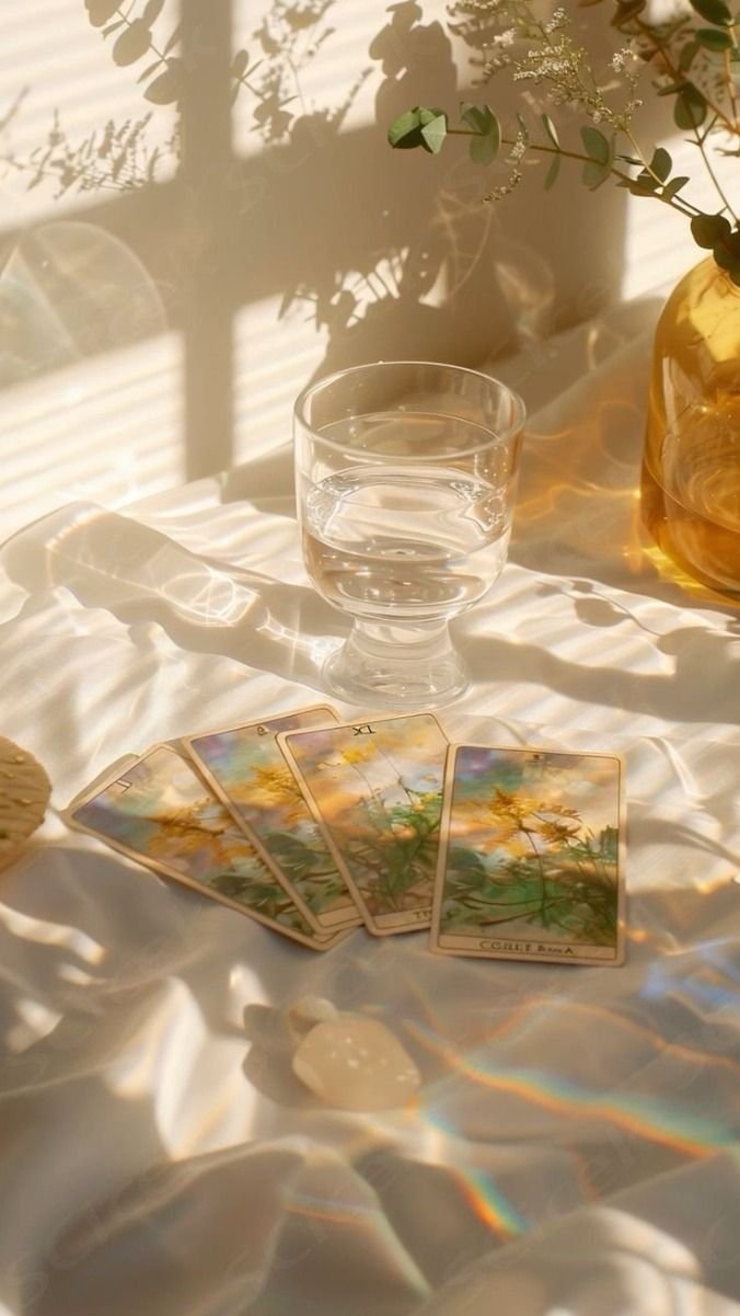 Tarot cards sitting on a table next to a glass of water in sunlight.