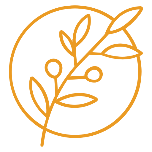 Minimalist line drawing of a plant with leaves and berries inside a circle.