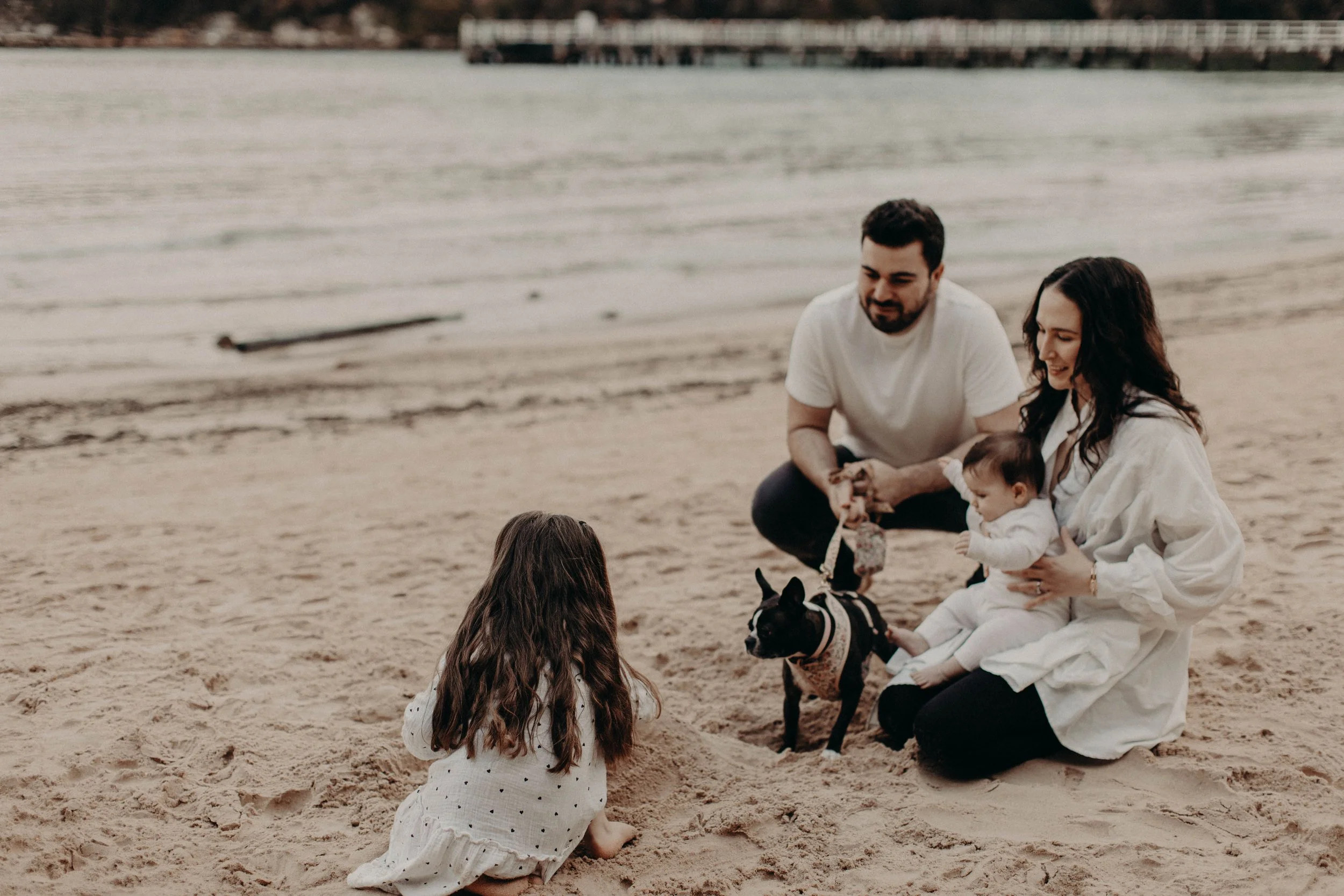 A family with young children and dogs sits on the sandy beach near the water, with a pier in the background.