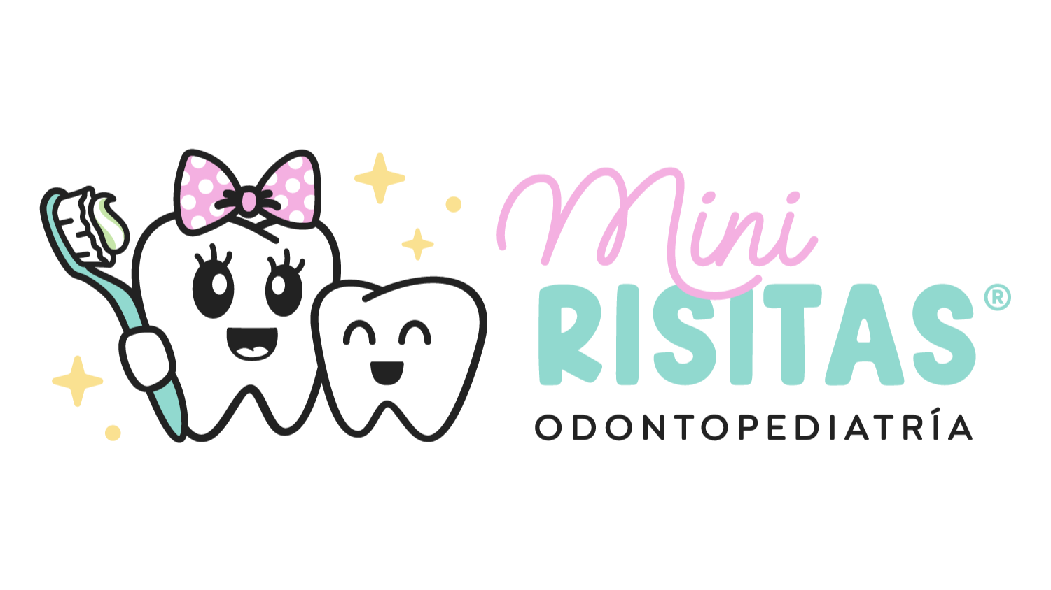 Logotipo de Mini Ristas Odontopediatría con dibujos de dientes con caras felices, uno con un moño rosa y otro con un cepillo de dientes. El texto incluye "Mini Ristas" en colores rosa y azul, y "Odontopediatría" en negro.