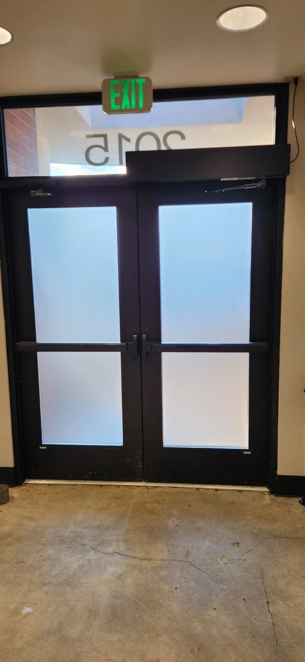 Double glass doors with horizontal handles and frosted glass panels, leading outside from an indoor space, with a green illuminated exit sign above.