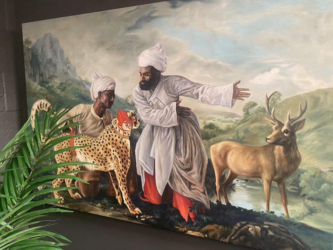 Oil on Canvas "Cheetah and Stag with Two Indians"