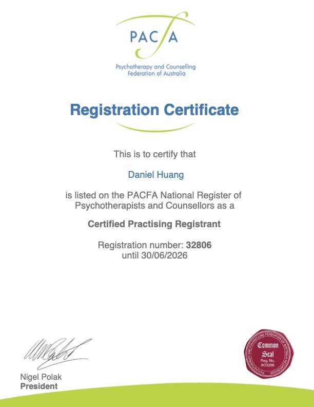 Certificate from the Psychotherapy and Counselling Federation of Australia (PACFA) confirming Daniel Huang as a Certified Practising Resgistrant with registration number 32806, valid until June 30, 2026, signed by Nigel Polak, with PACFA logo at the 