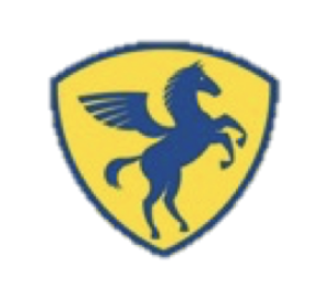 A yellow shield with a blue horse with wings