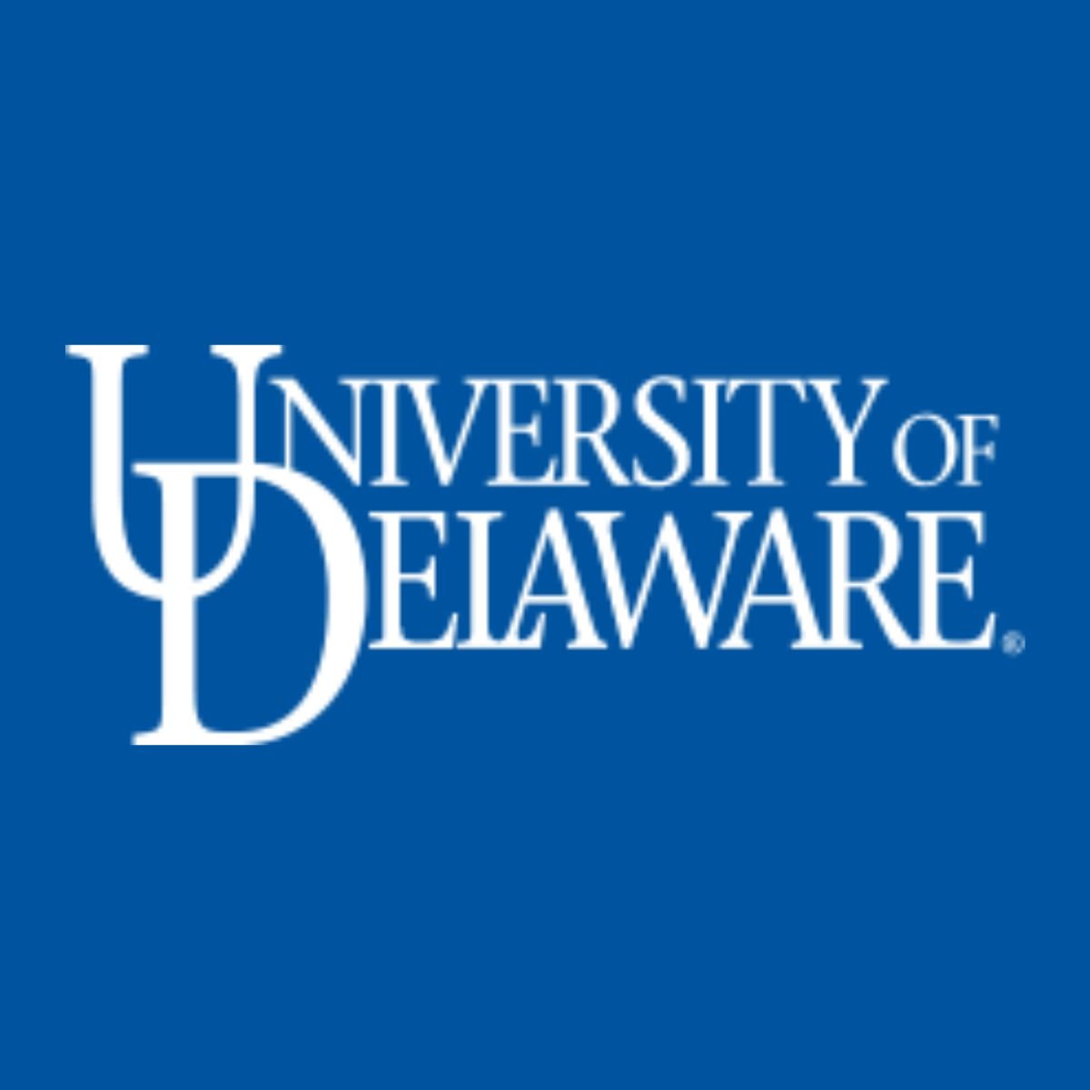 Logo of the University of Delaware, featuring the university's name in white text on a blue background.