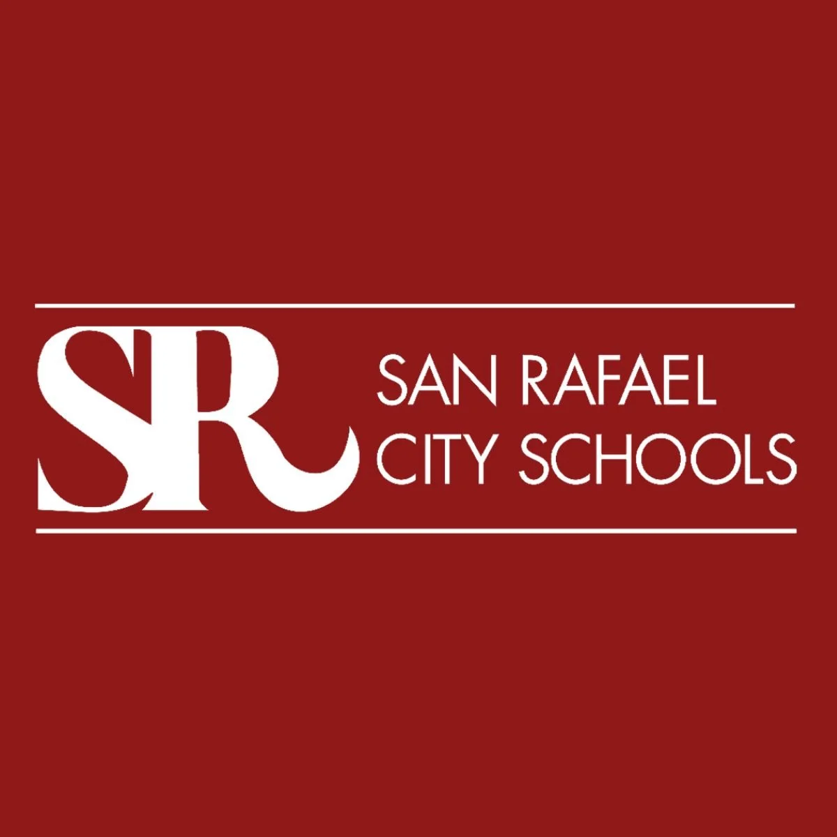 Logo of San Rafael City Schools with white text on a maroon background.