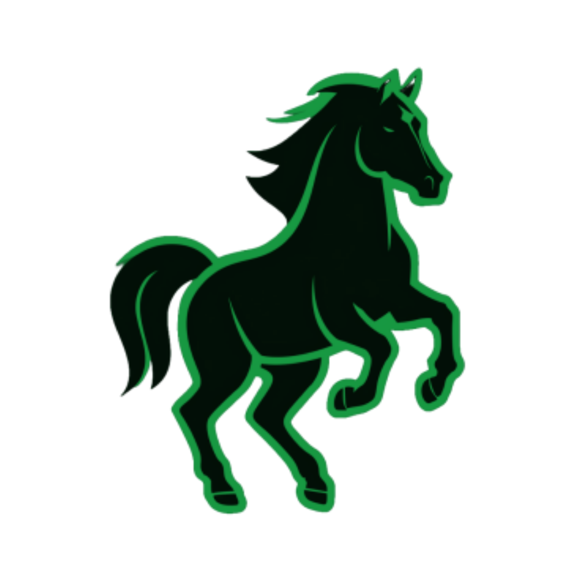 A stylized drawing of a horse head and front legs, with a green outline and black details.