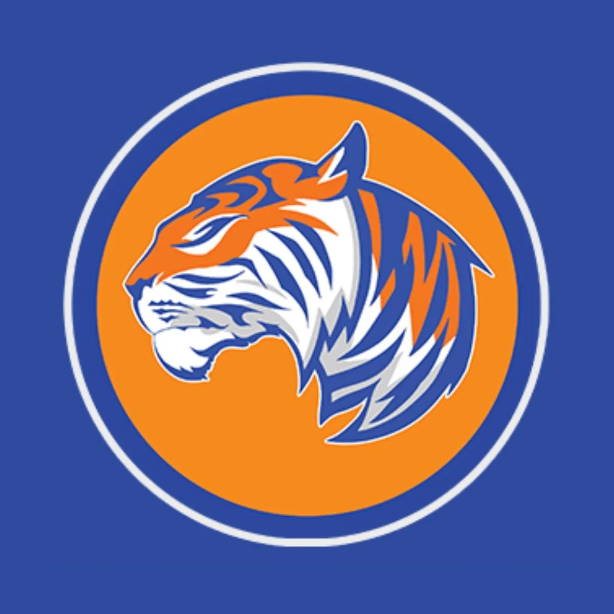 Logo of a tiger's head in blue, white, and orange within an orange circle on a blue background.
