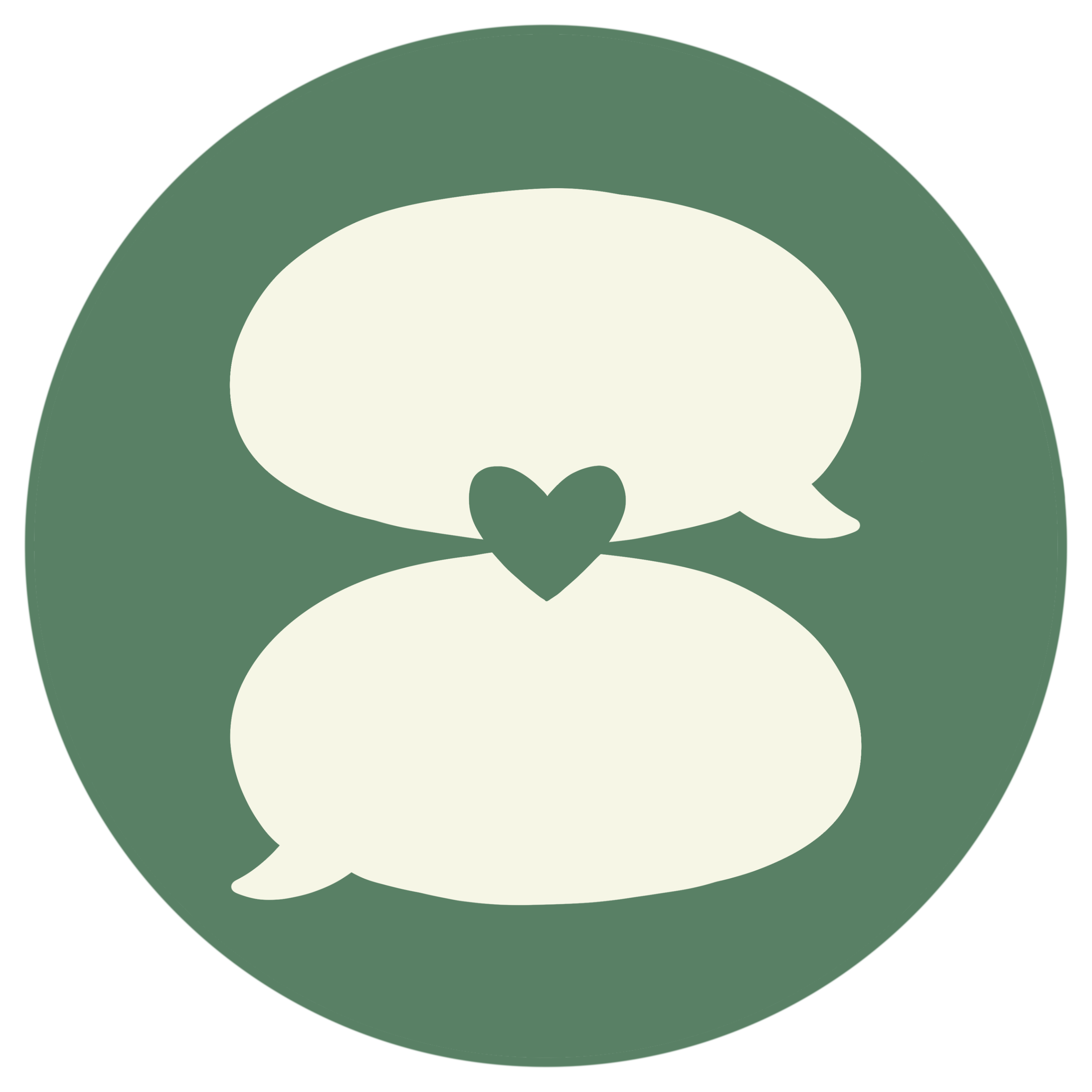 A stylized illustration of two speech bubbles with a heart in the center and a green circle background.