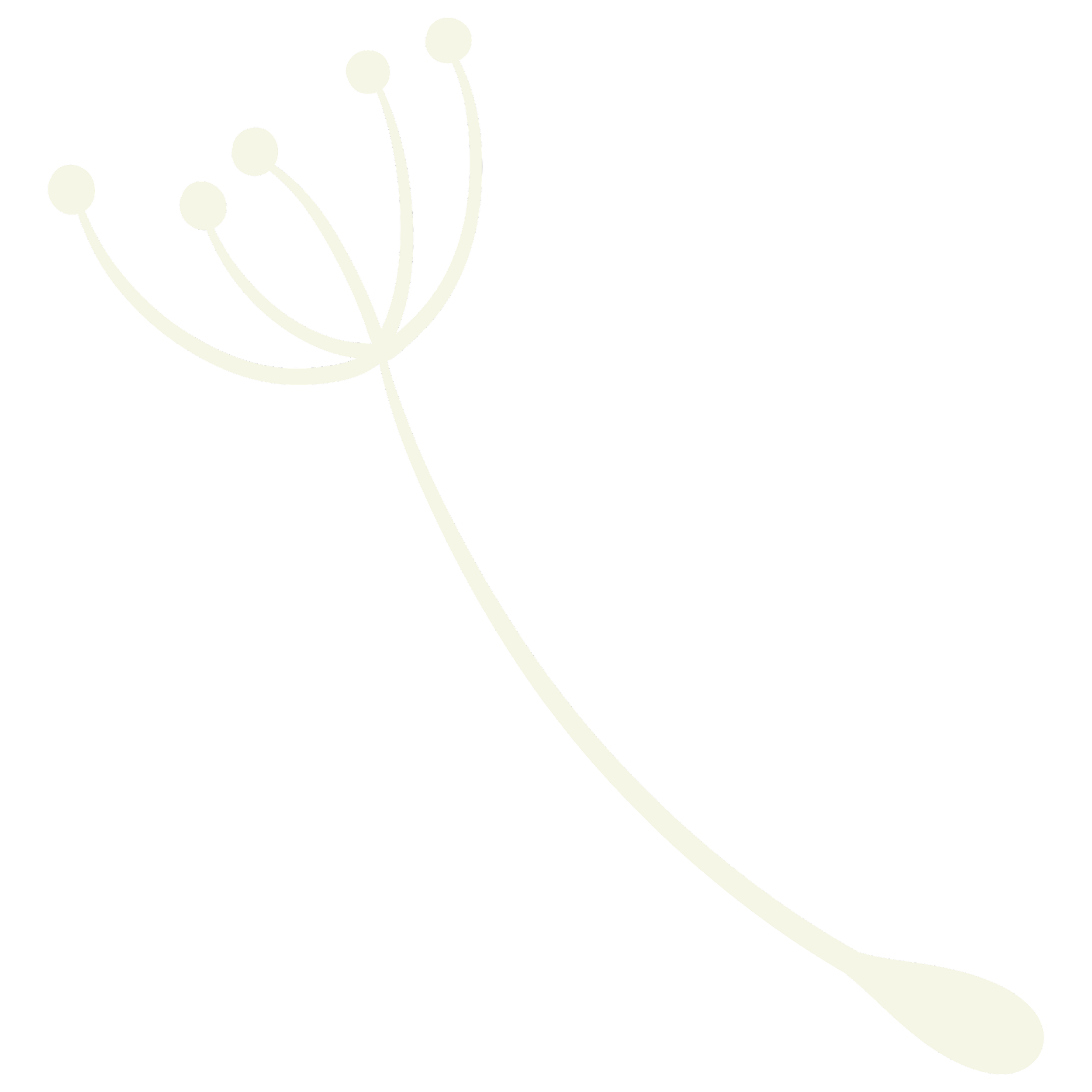 A stylized illustration of a dandelion seed with multiple long, curved stems and round buds on top, in cream color on a transparent background.