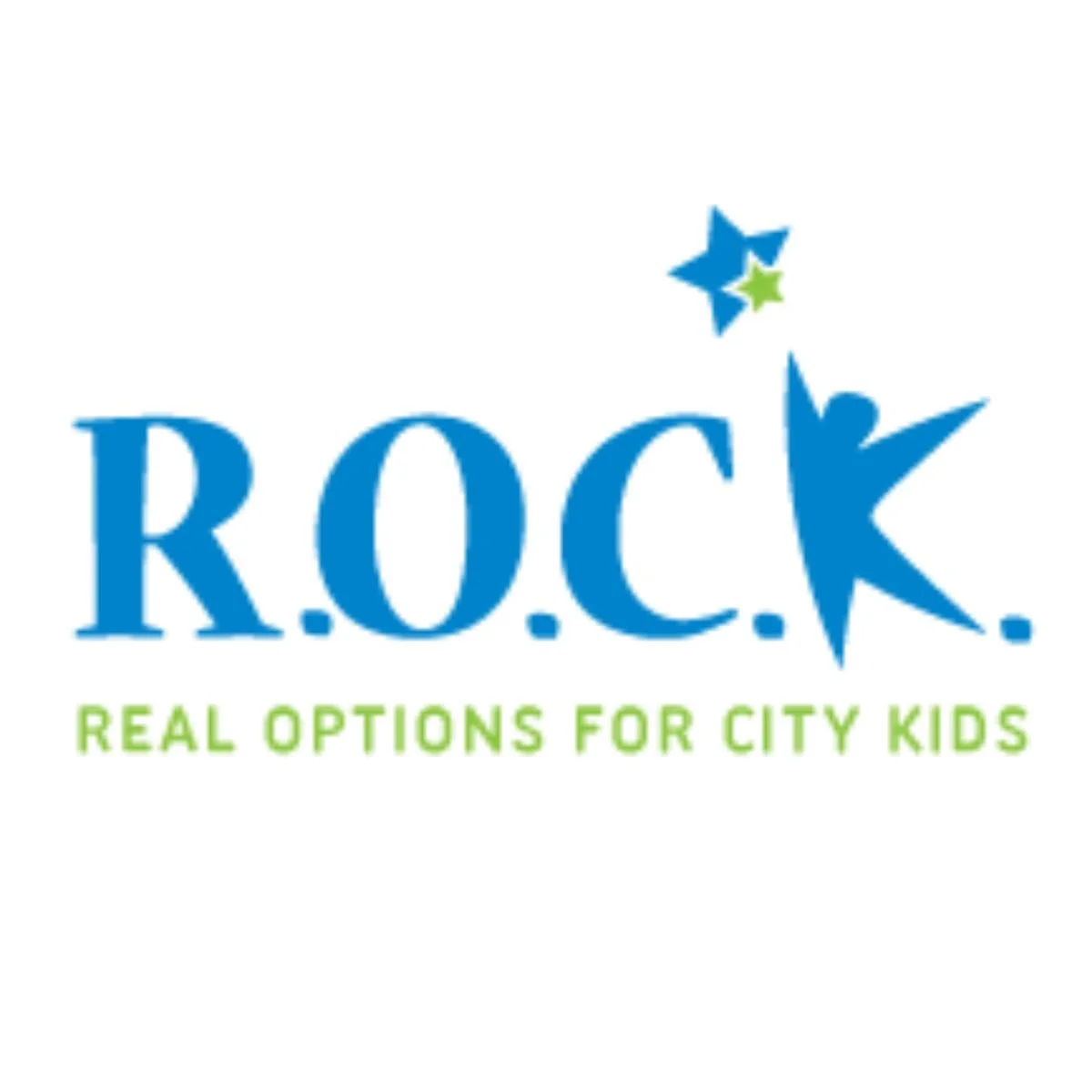 Logo for R.O.C.K., featuring the word 'ROCK' in blue with a star replacing the letter 'K', and the tagline 'Real Options for City Kids' in green.