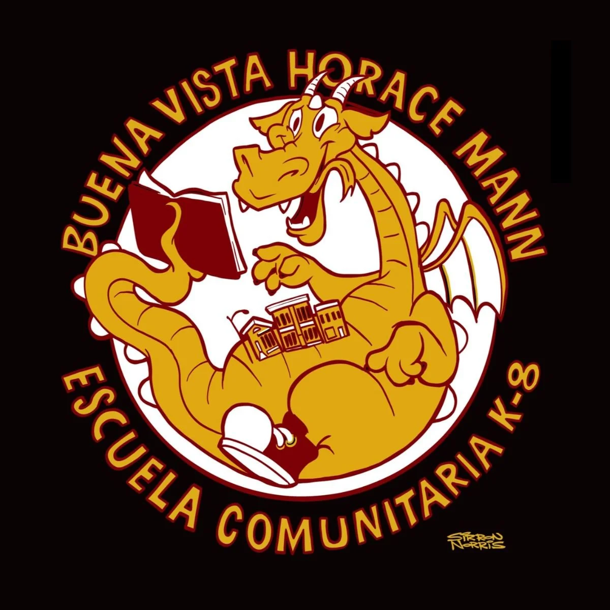 A cartoon dragon holding a book, surrounded by yellow text that says 'Buena Vista Horace Mann Escuela Comunitaria K-8'.