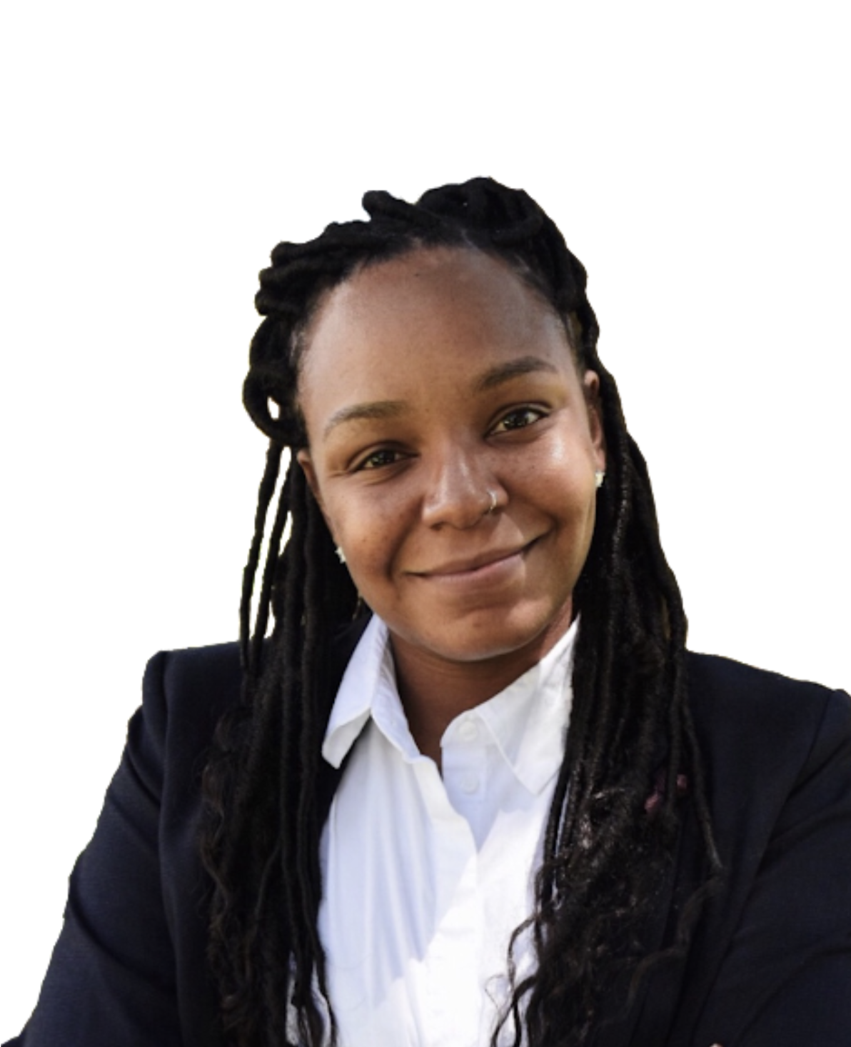 A woman with long dark braids wearing a white collard shirt, black blazer, with a white background.