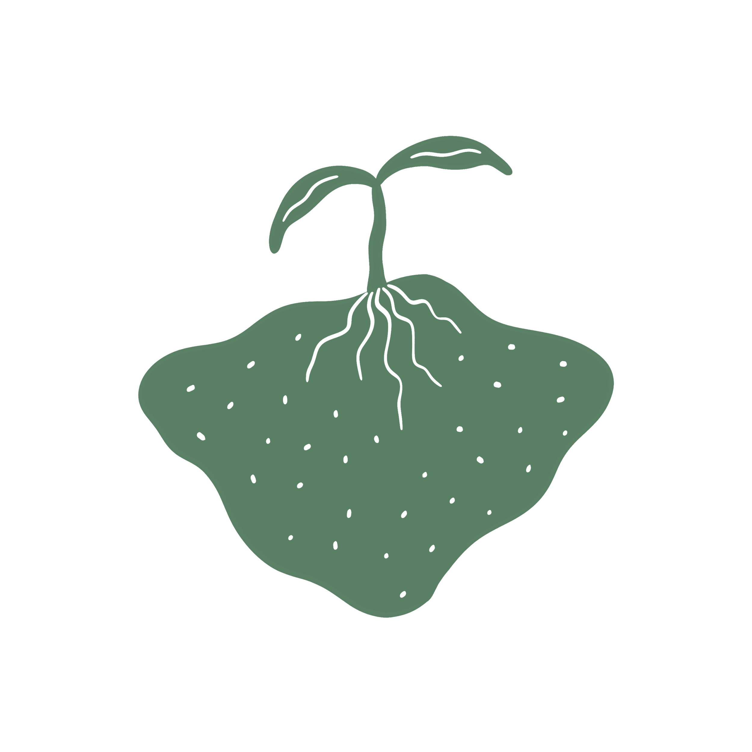 A stylized illustration of a sprouting plant with leaves and roots emerging from the soil set against a transparent background.